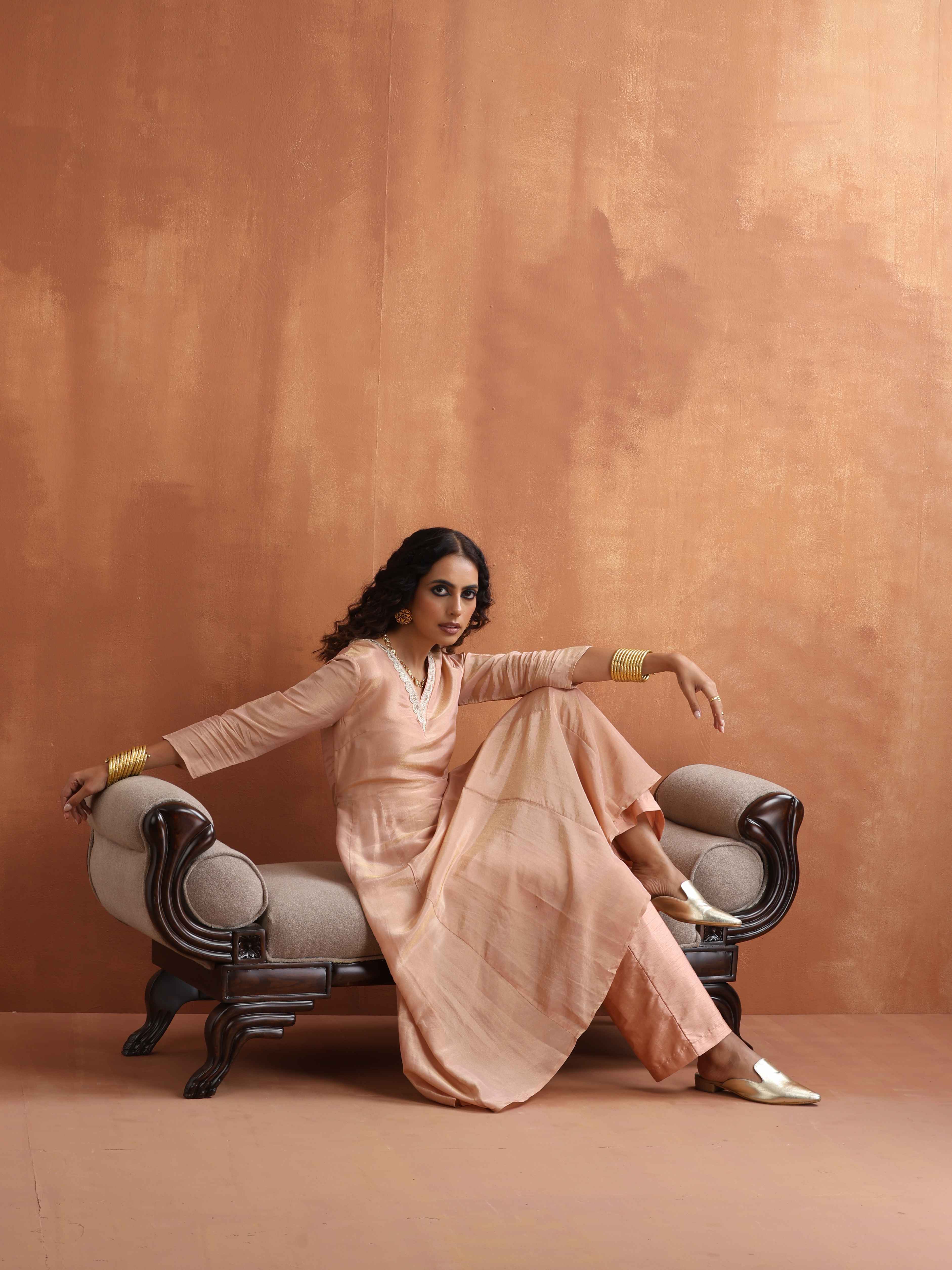 trueBrowns Blush Pink Tissue Flared Anarkali Kurta Set - Distacart