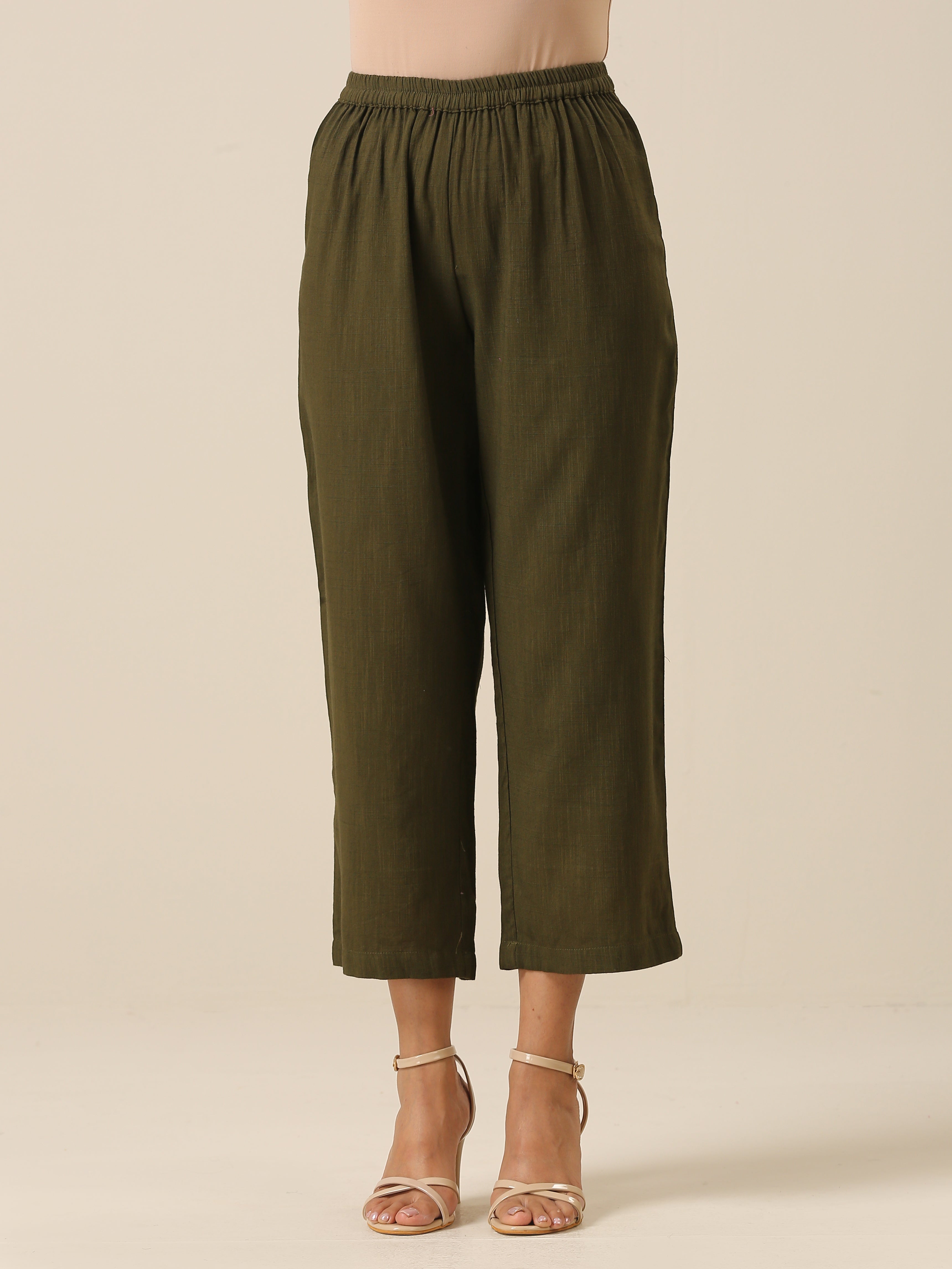 trueBrowns Olive Green Slub Texture Baggy Sleeve Co-Ord Set - Distacart