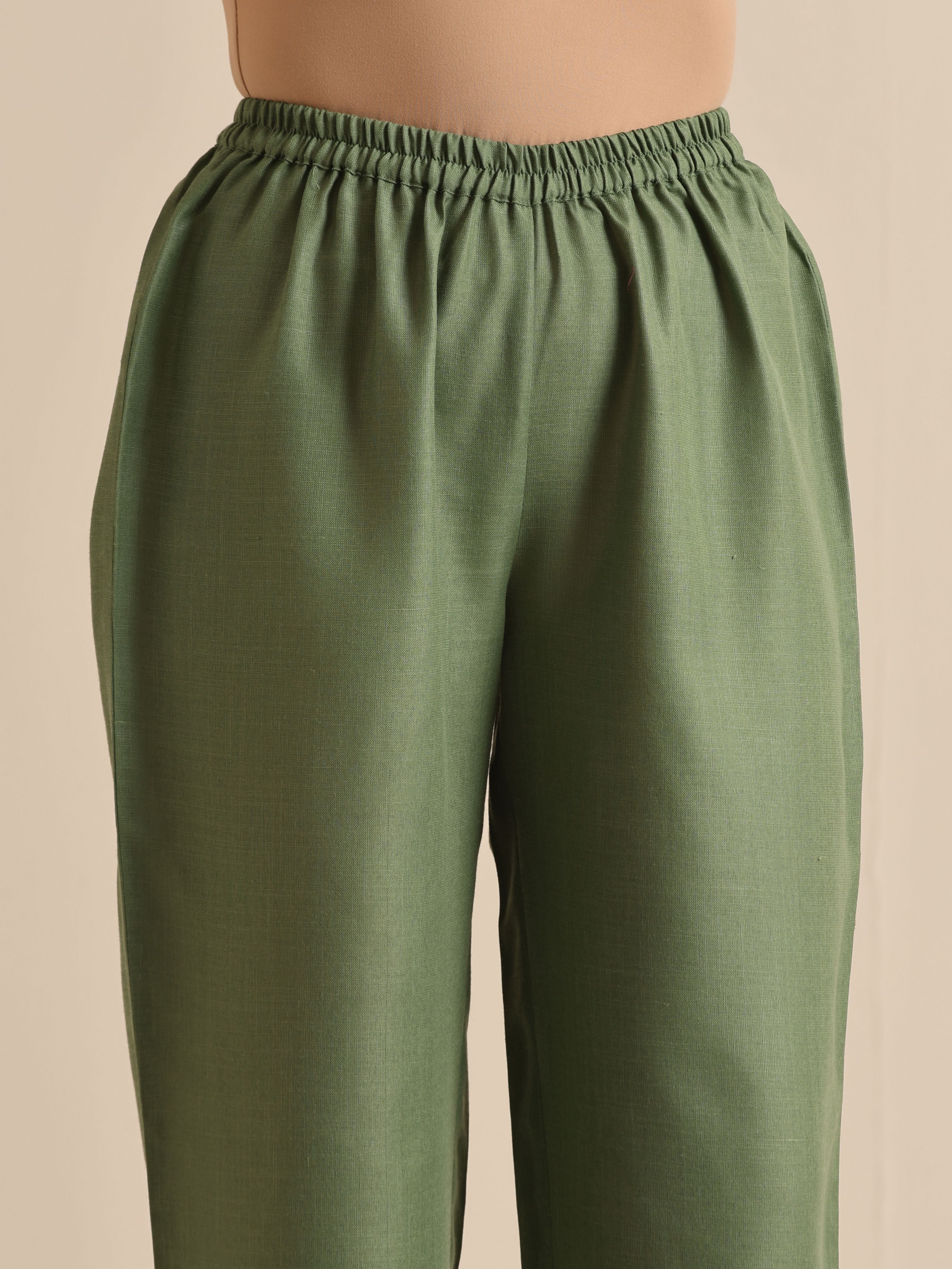 trueBrowns Olive Green Slub Relaxed Placket Co-Ord Set - Distacart