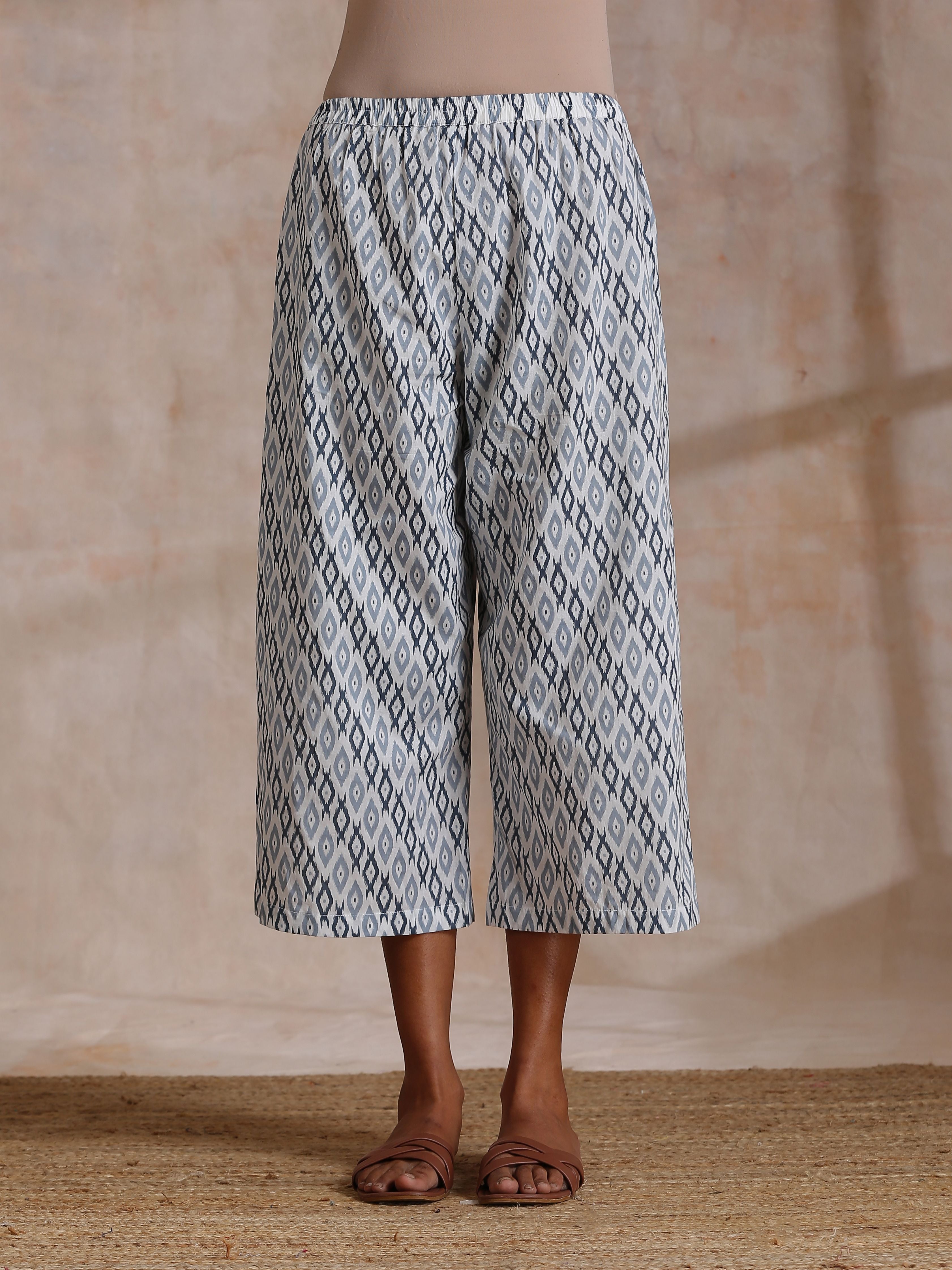 trueBrowns Multi Grey On Grey Ikat Print Cotton High-Low Co-Ord Set - Distacart