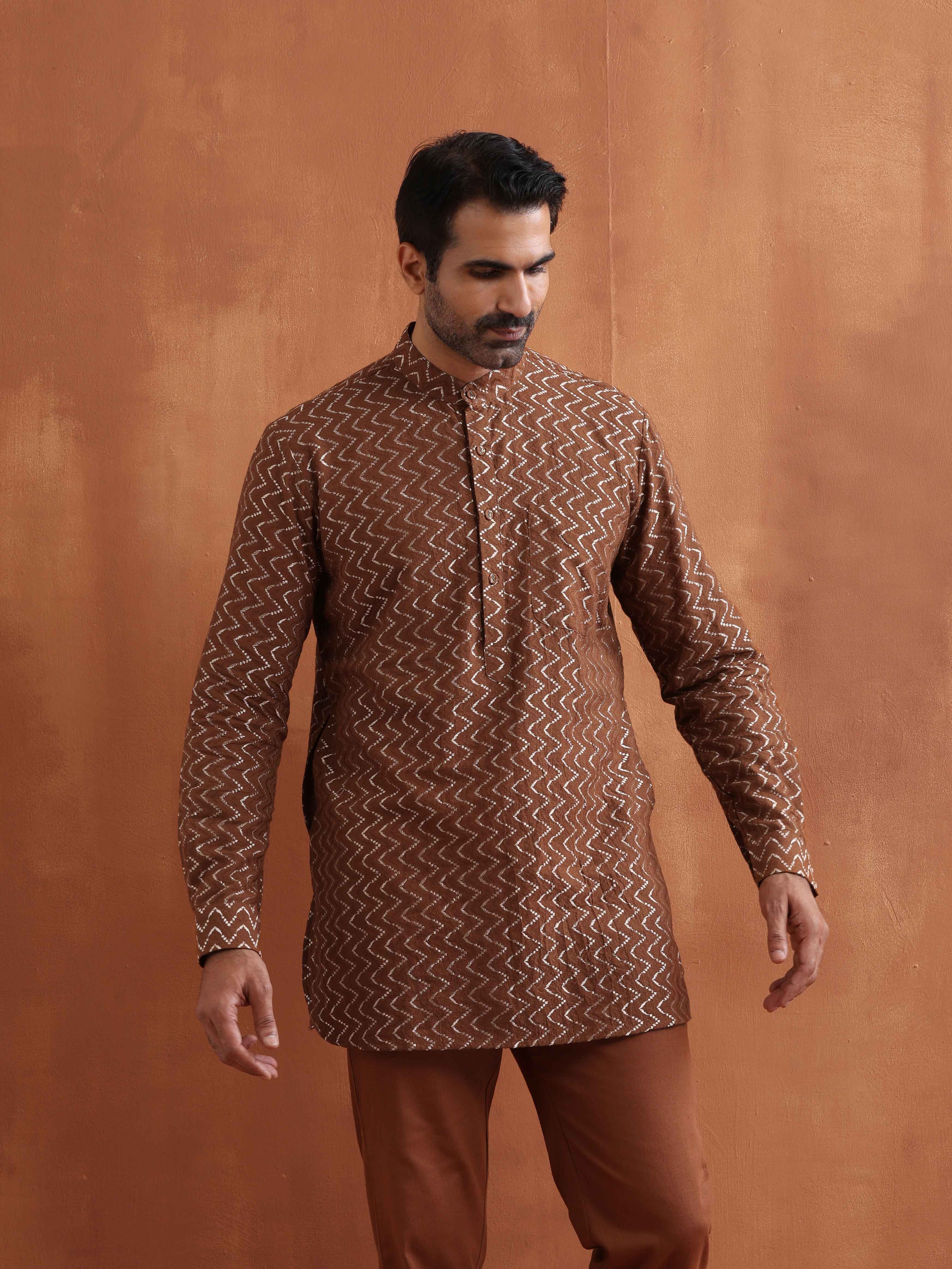 trueBrowns Men's Brown Cotton Dobby Short Kurta - Distacart
