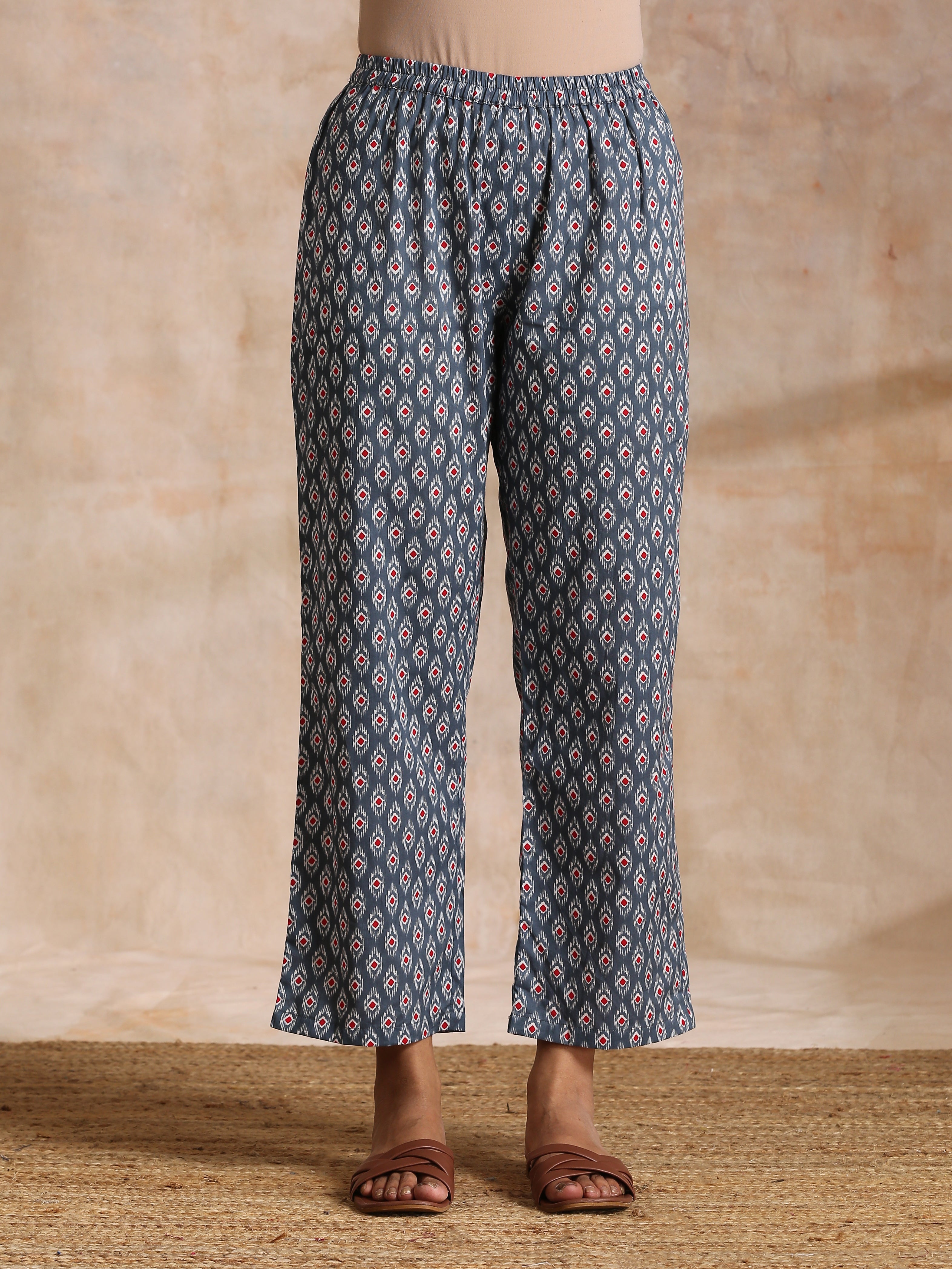 trueBrowns Steel Grey Ikat Print Cotton Gathers Co-Ord Set - Distacart