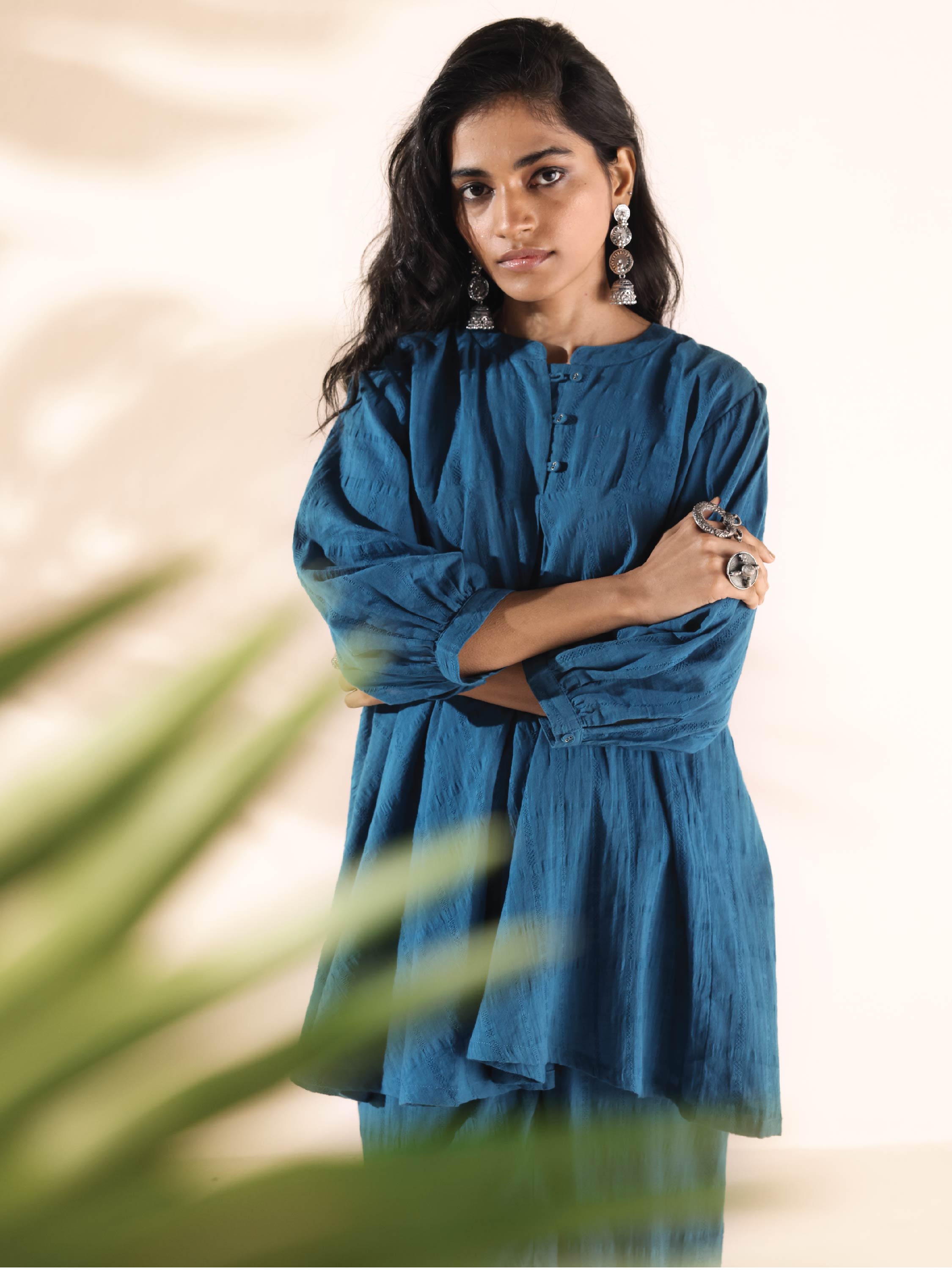 trueBrowns Blue Cotton Dobby Yoke Co-ord Set - Distacart