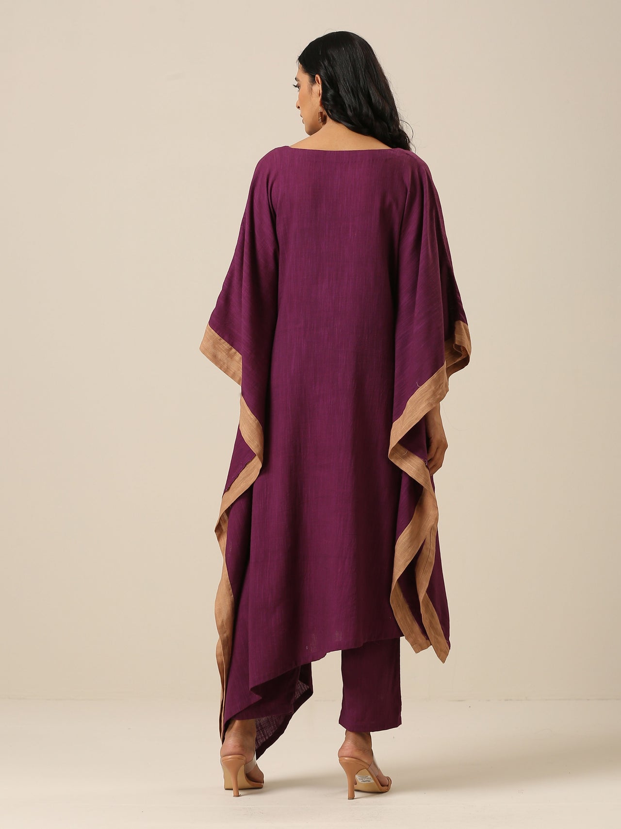 trueBrowns Plum Purple Slub Texture High Low Kaftan Pant Set - Distacart