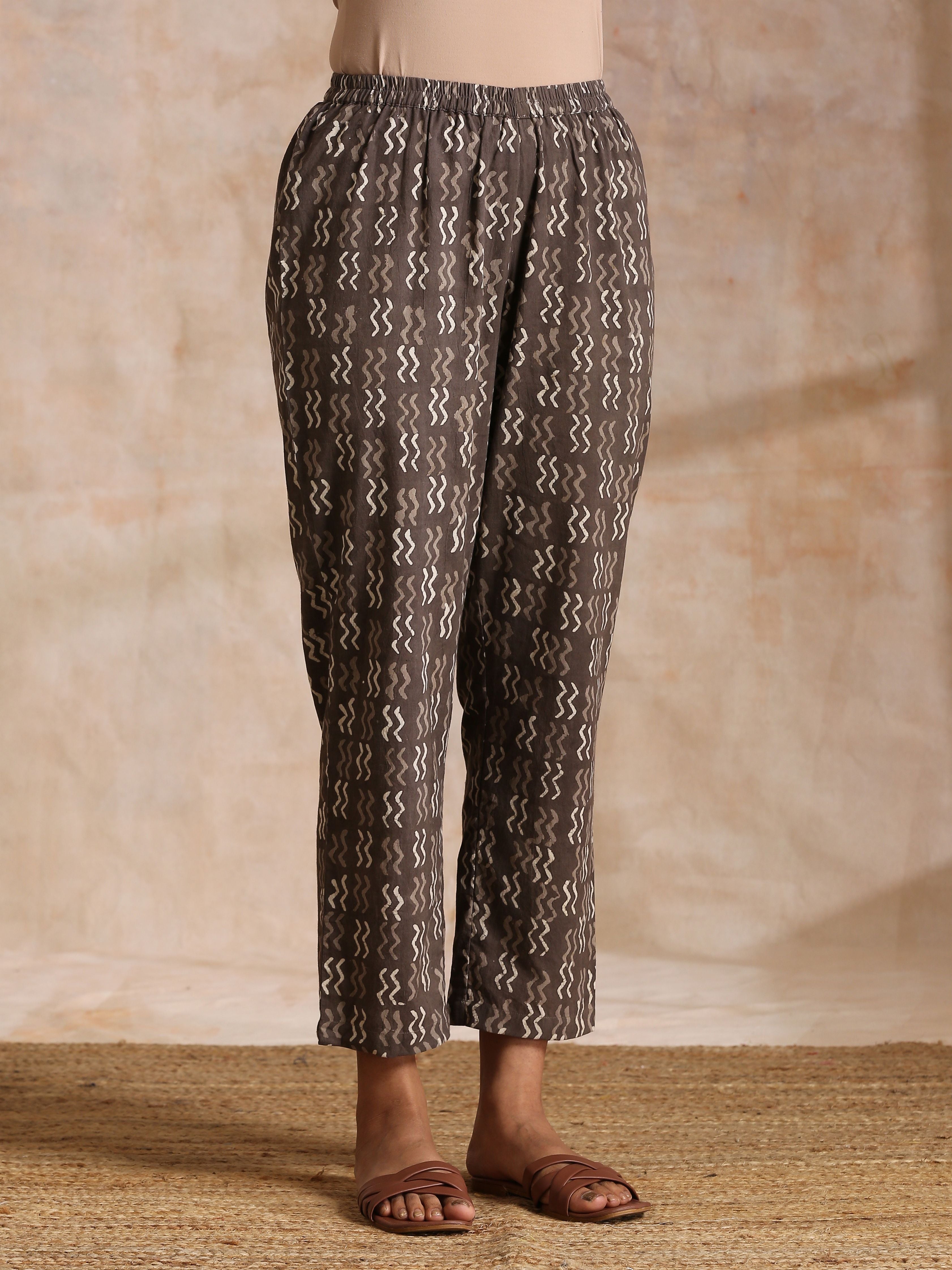 trueBrowns Clay Dabu Zig-Zag Motifs Print Cotton Flared Kurta Pant Set - Distacart