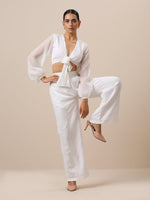 Thumbnail for trueBrowns Chiffon White Dobby Tie Up Top - Distacart