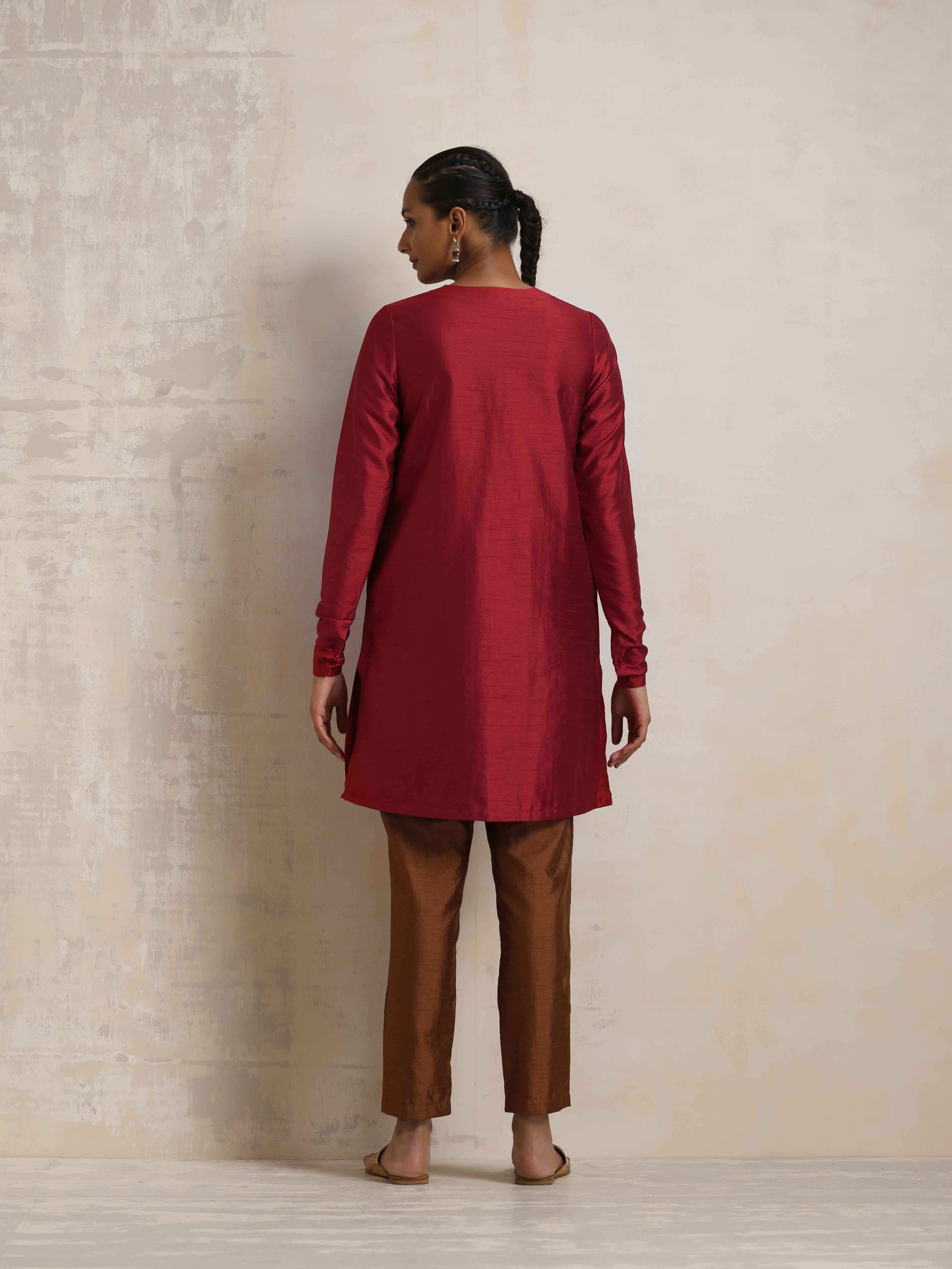 trueBrowns Red Silk Kurta Co-ord Set - Distacart