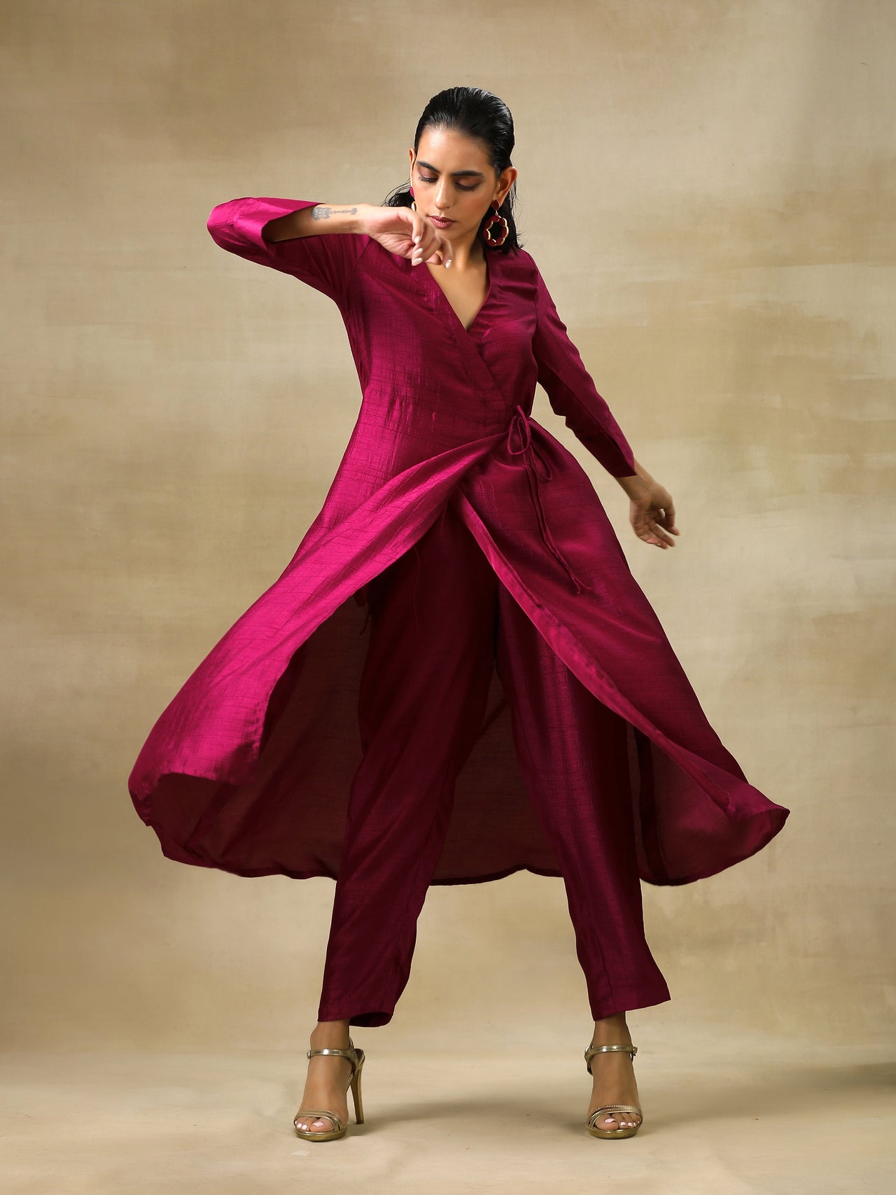 trueBrowns Purple Textured Silk Angrakha Kurta Pant Set - Distacart