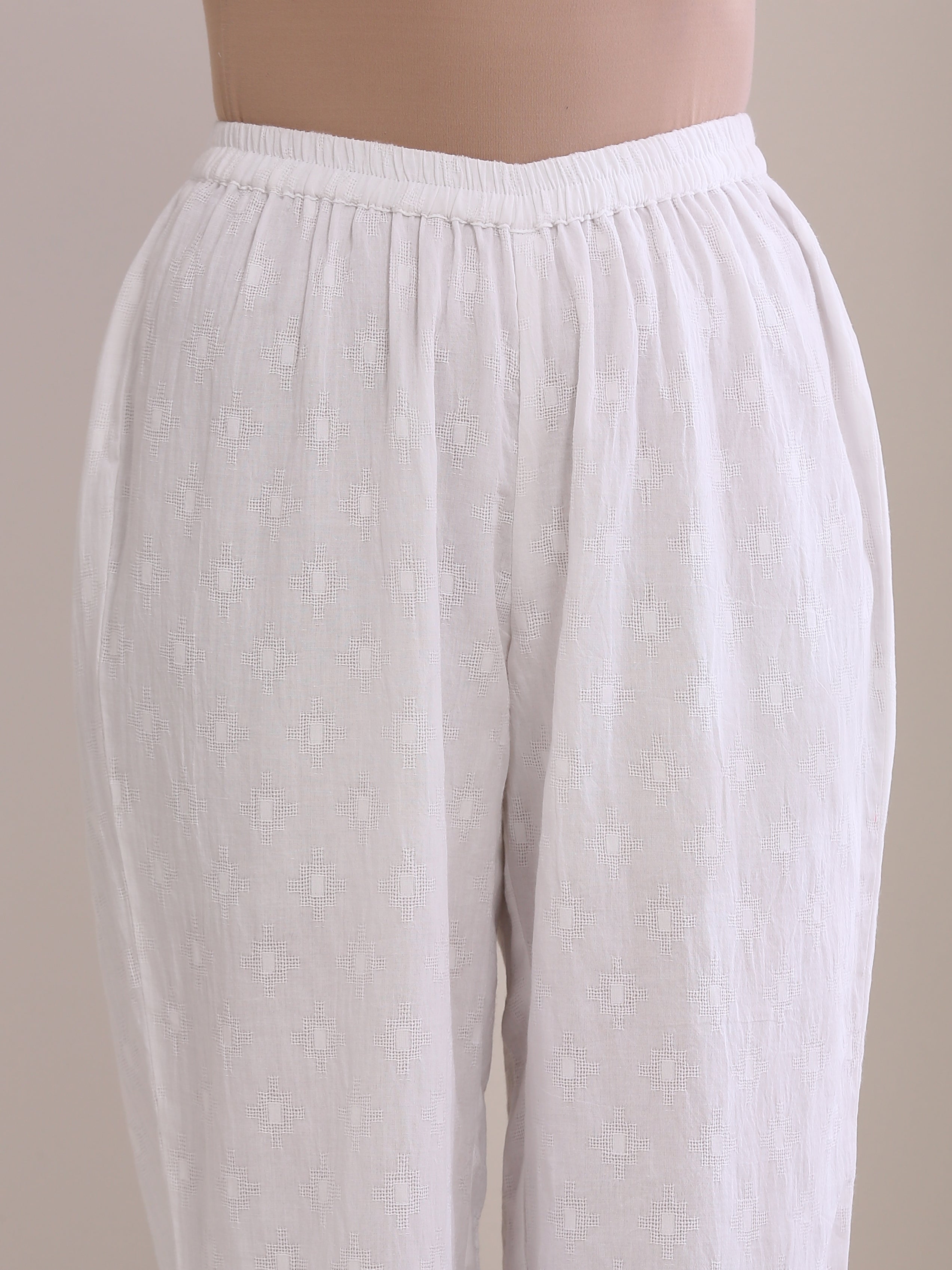 trueBrowns White Dobby High Slit Gathered Kurta Set - Distacart