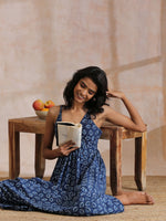 Thumbnail for trueBrowns Indigo Dabu Floral Print Cotton Sleeveless Dress - Distacart