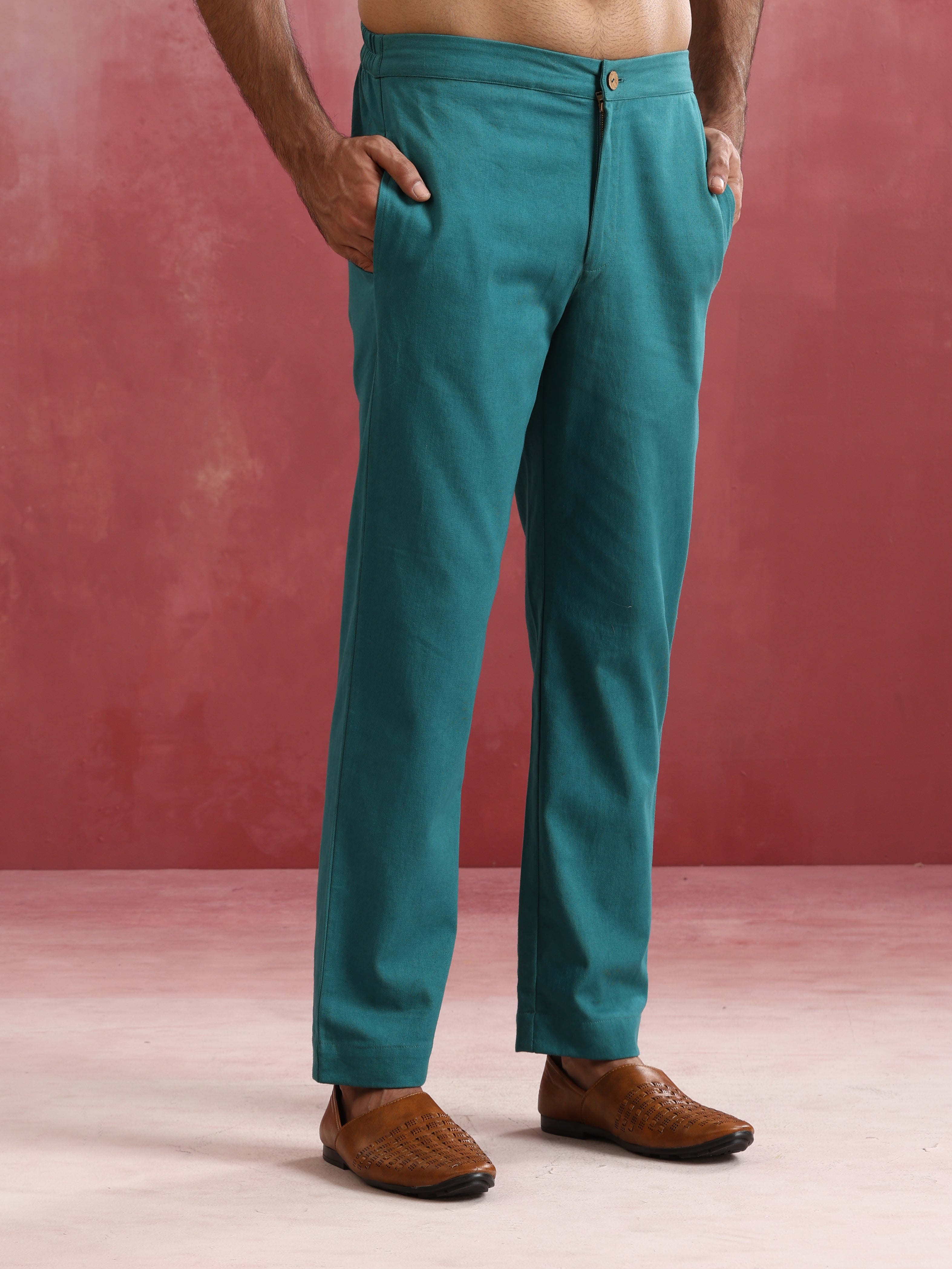 trueBrowns Men's Teal Cotton Shirt Collar Stylized Kurta Co-ord set - Distacart