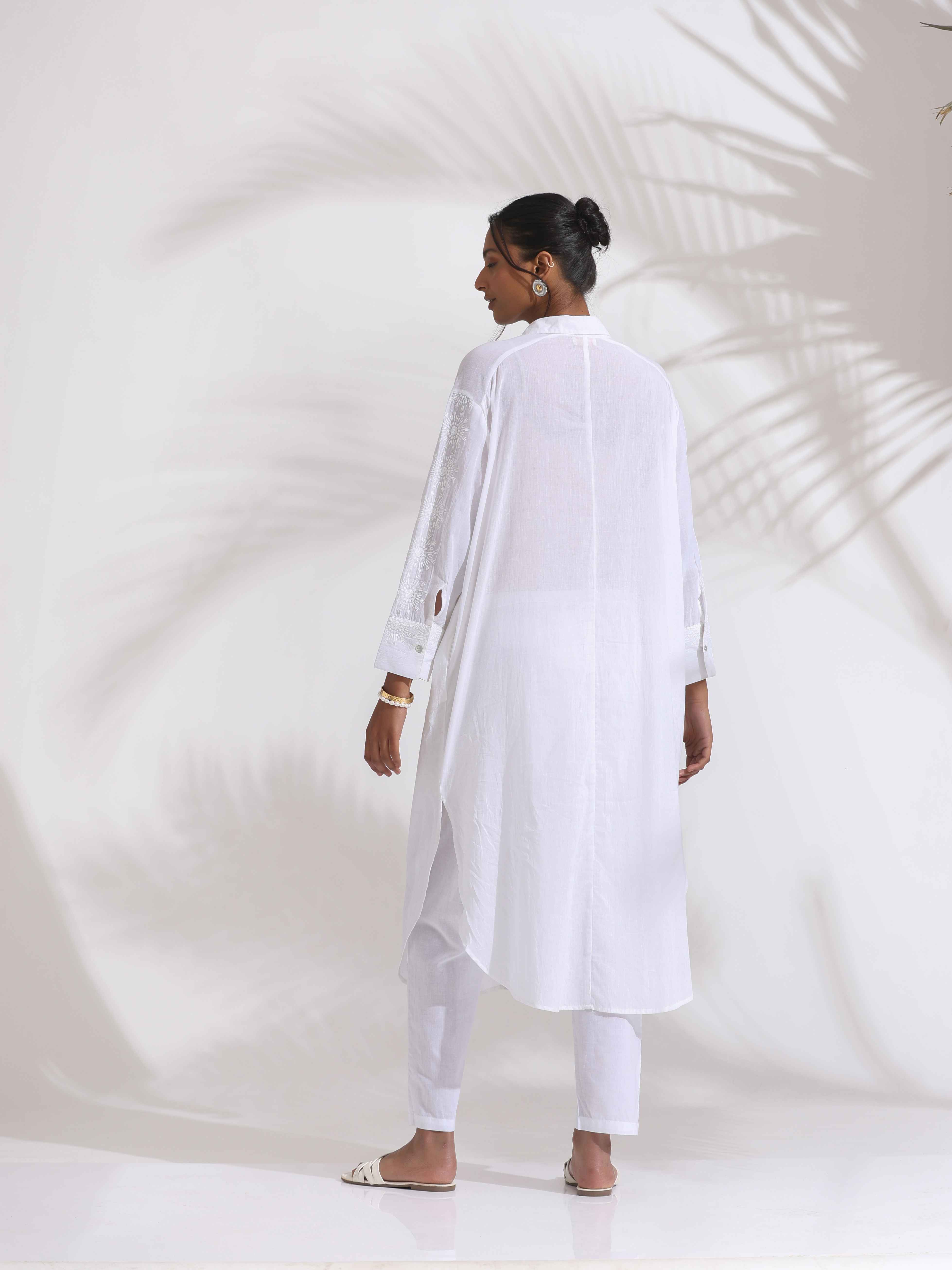 trueBrowns White Cotton Schiffli Shirt Kurta Set - Distacart