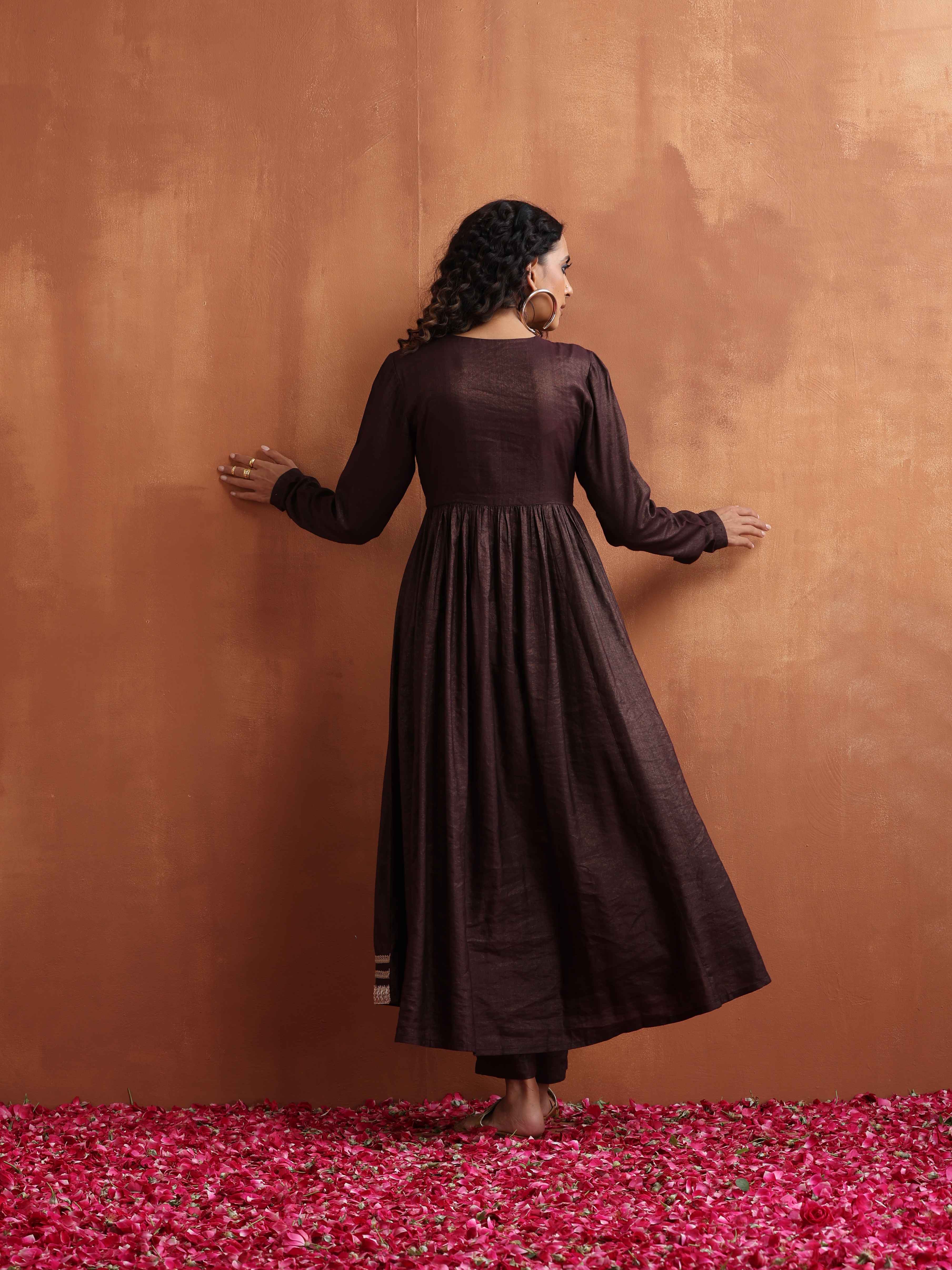 trueBrowns Brown Metallic Flared Anarkali Kurta Set - Distacart