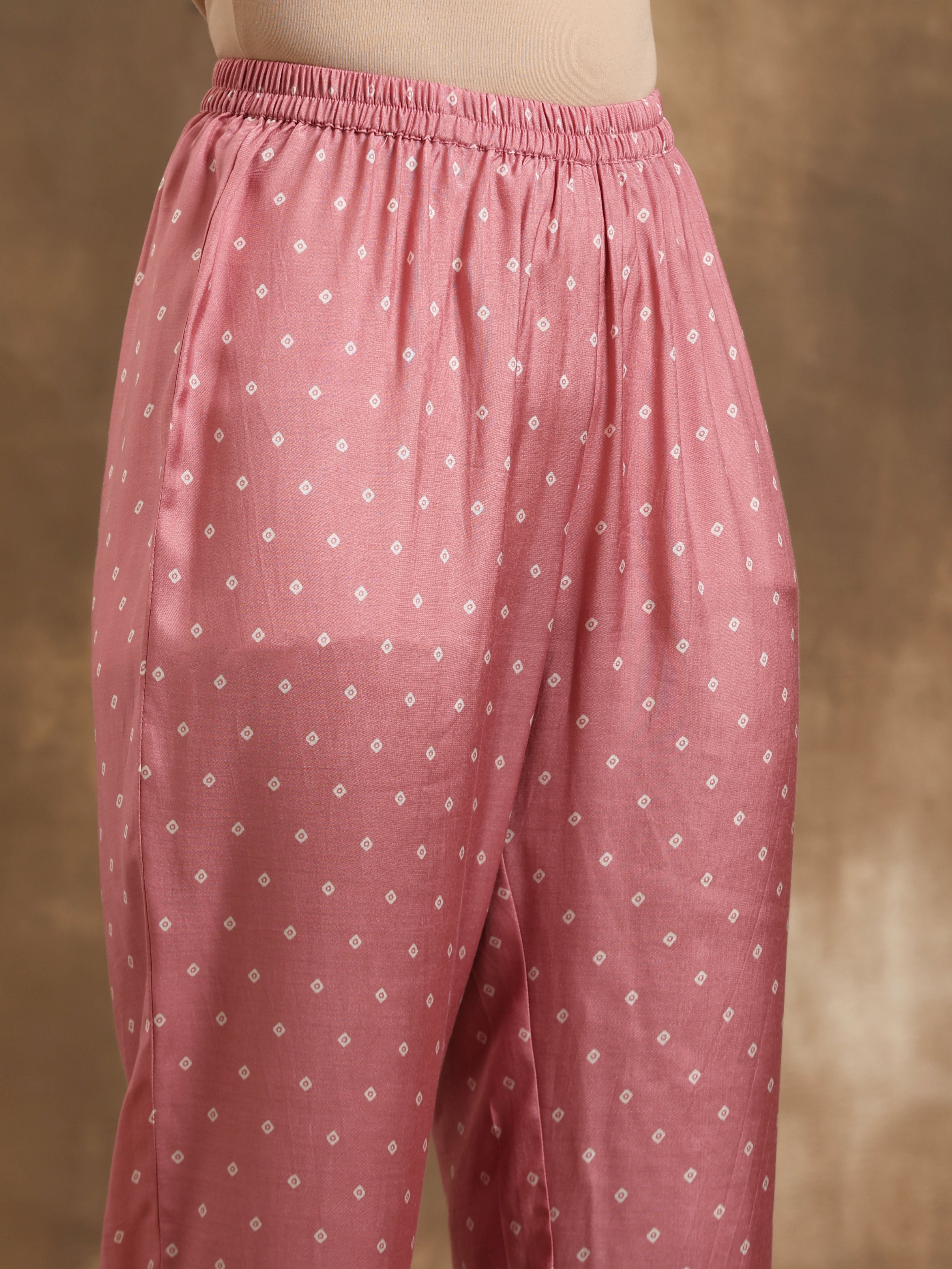 trueBrowns Light Mauve Bandhani Printed Silk Kurta Pant Set - Distacart