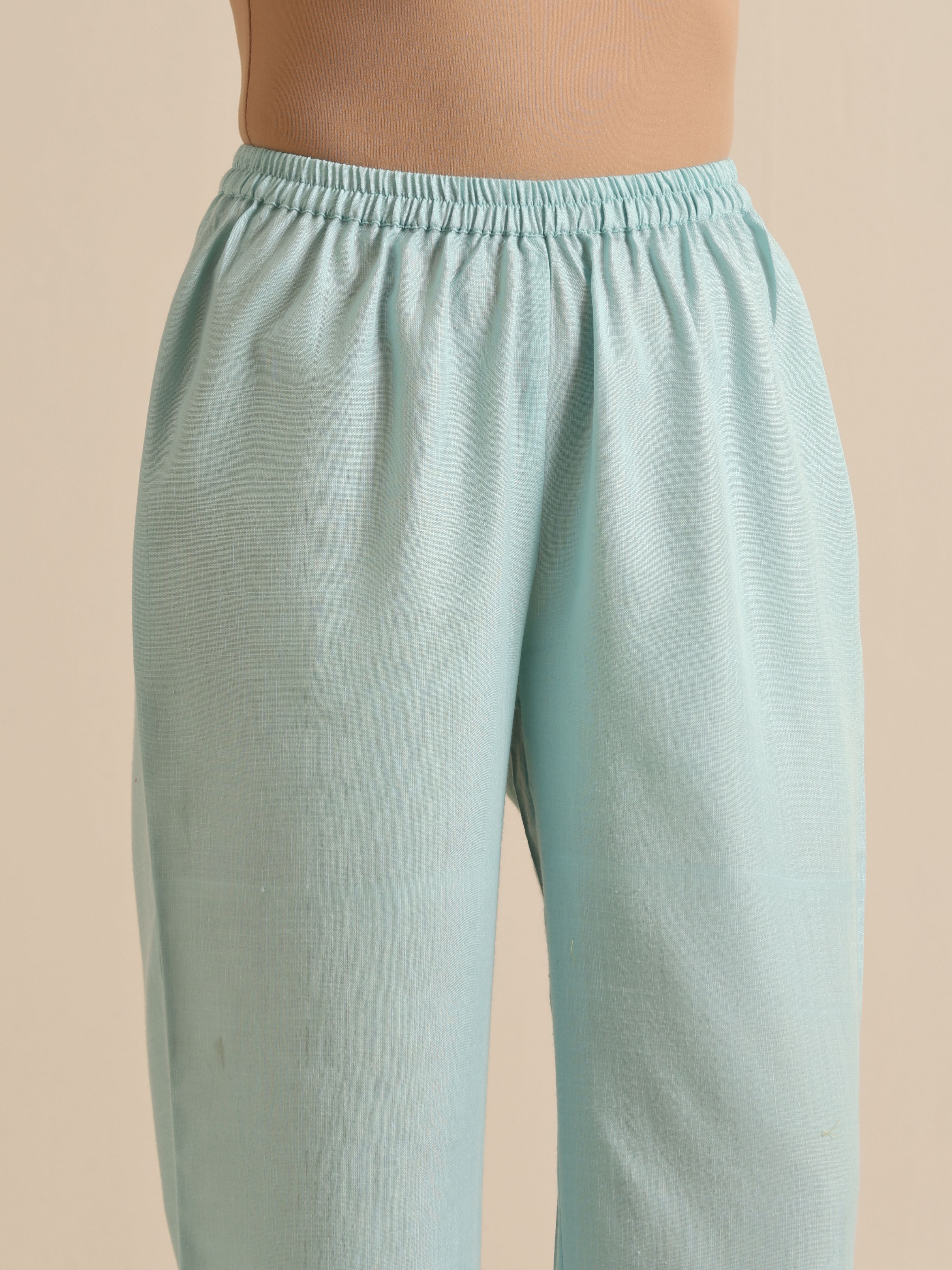 trueBrowns Sky Blue Slub Sleeveless Flared Kurta Pant Set - Distacart