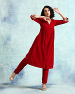 Thumbnail for trueBrowns True Red Velvet Yoke Kurta - Distacart