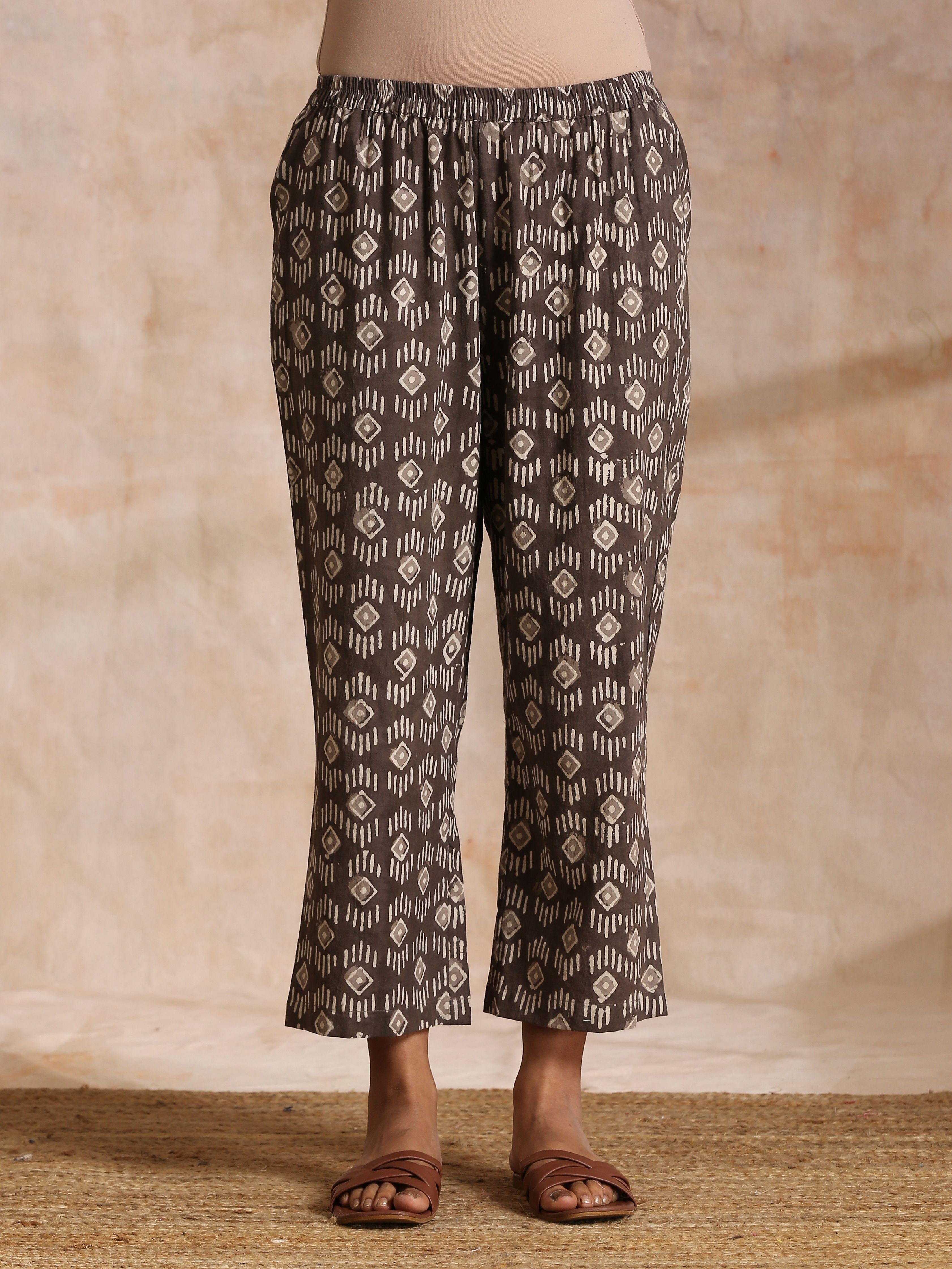 trueBrowns Clay Dabu Buta Print Cotton Front Neck Gathered Kurta Pant Set - Distacart