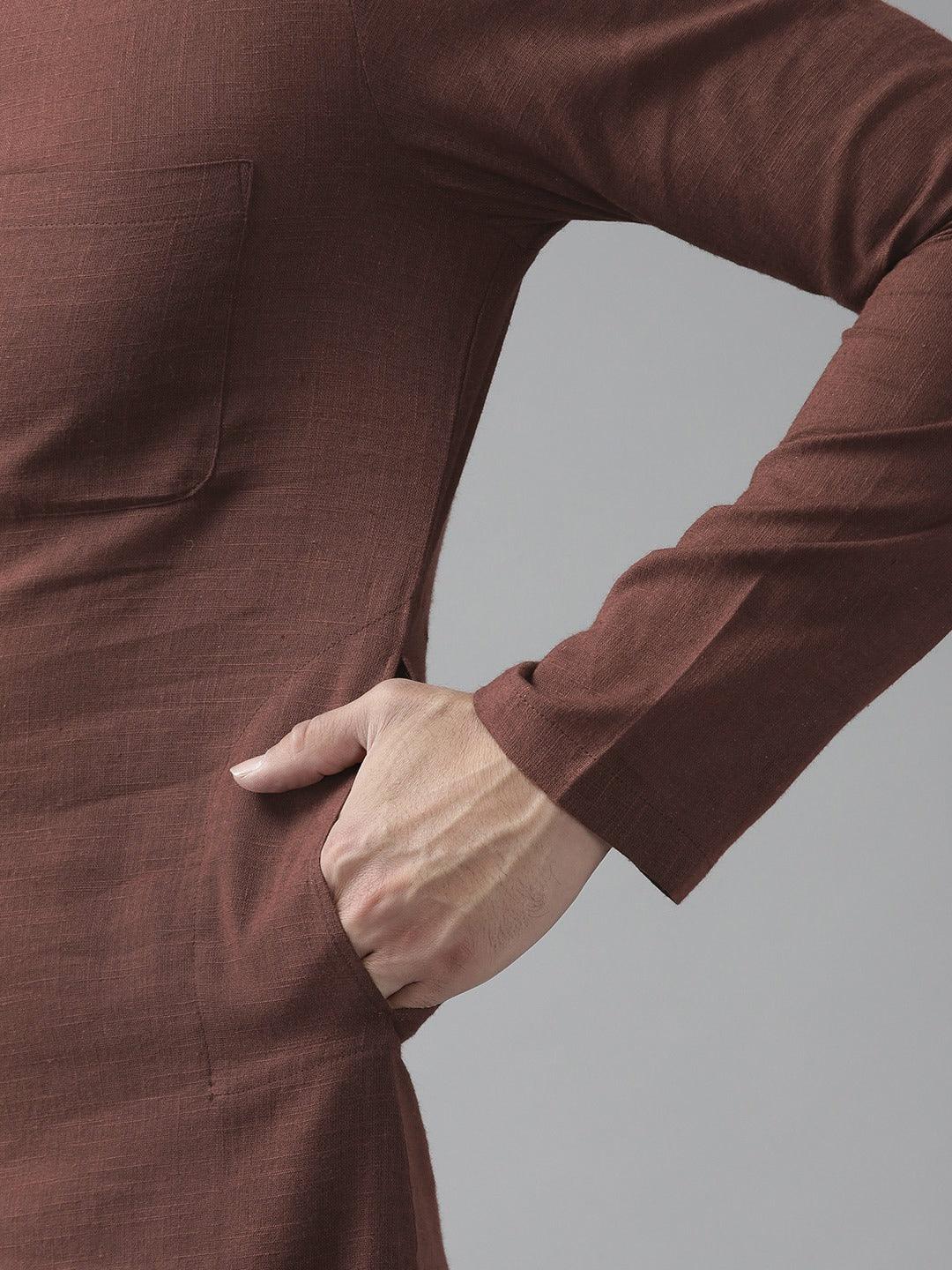 Fabmade Men Brown Cotton Linen Kurta Pyjama - Distacart