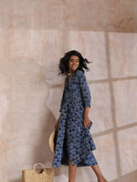 Thumbnail for trueBrowns Indigo Dabu Overall Print Cotton Wrap Dress - Distacart