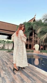 Thumbnail for Noroke Sustainable fabric | Handloom checks Classic Gold Checks Cover Up Kaftan - Off White Gold