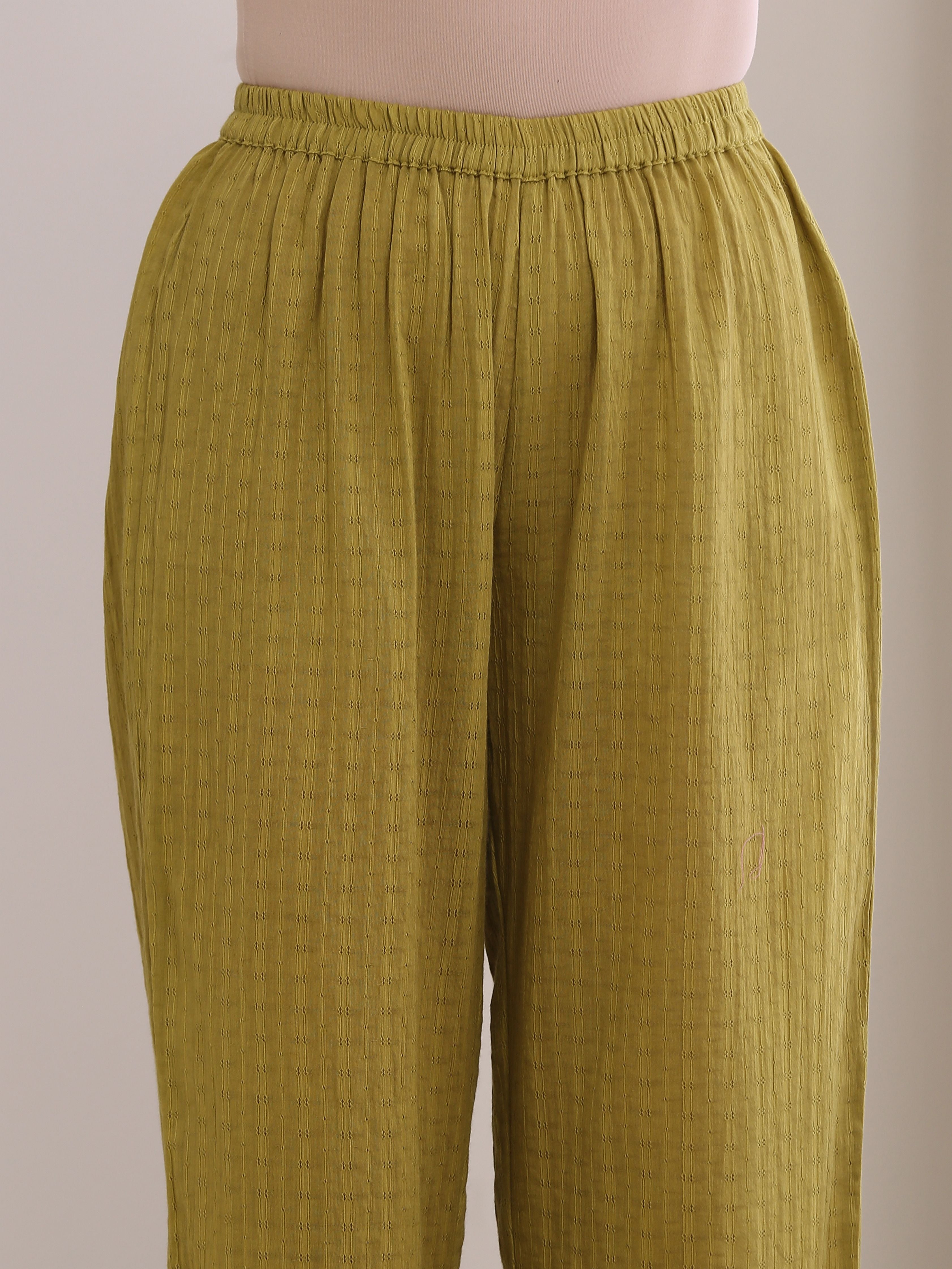 trueBrowns Avacado Green Dobby Flared Slit Kurta Pant Set - Distacart