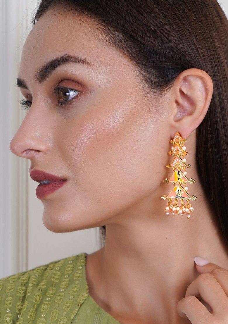 New Partywear Orange Raja Rani Meenakari Drop Earrings for Womens by House of Ree