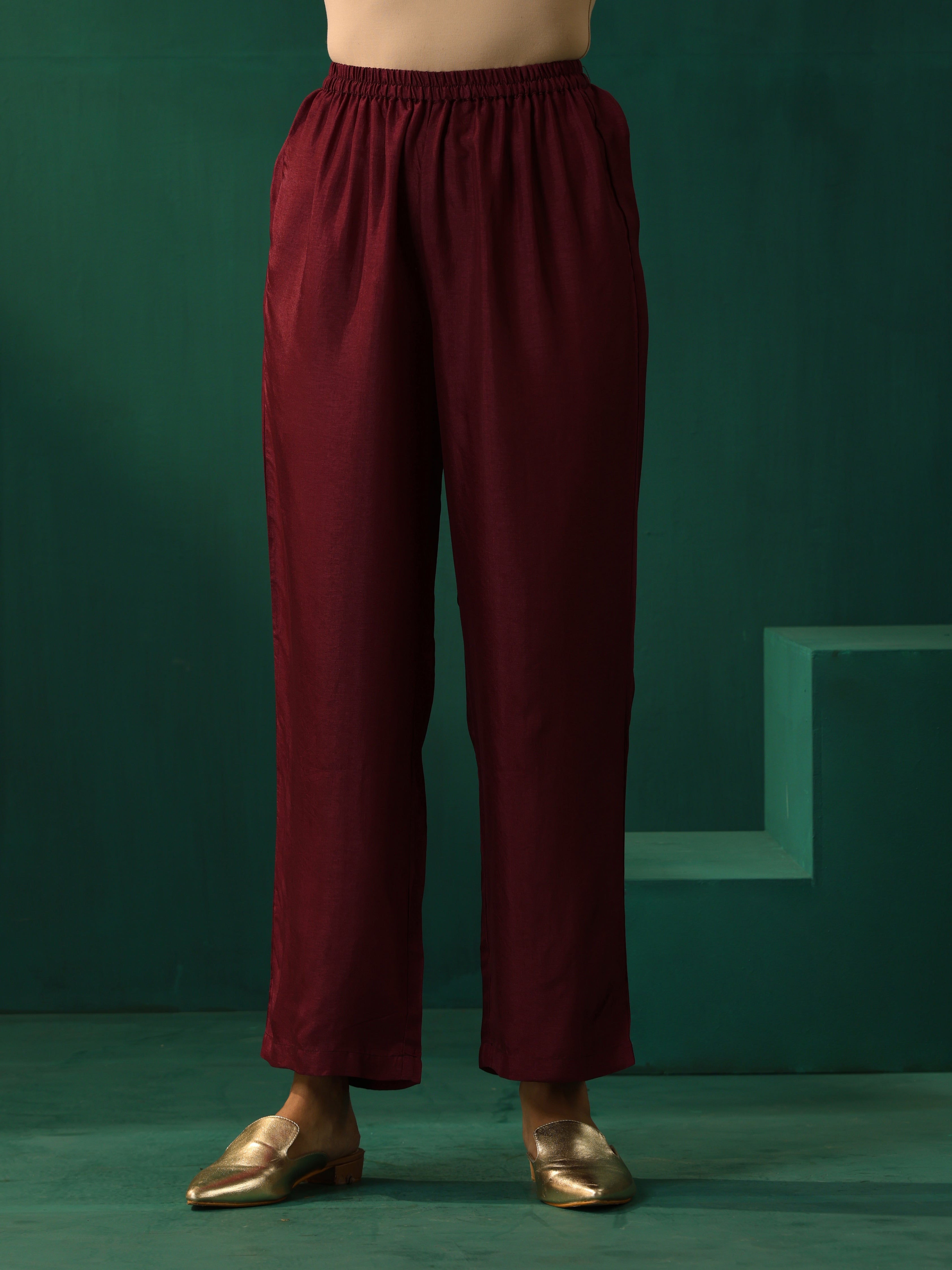 trueBrowns Wine Geometric Viscose Silk High Slit Kurta Pant Set - Distacart
