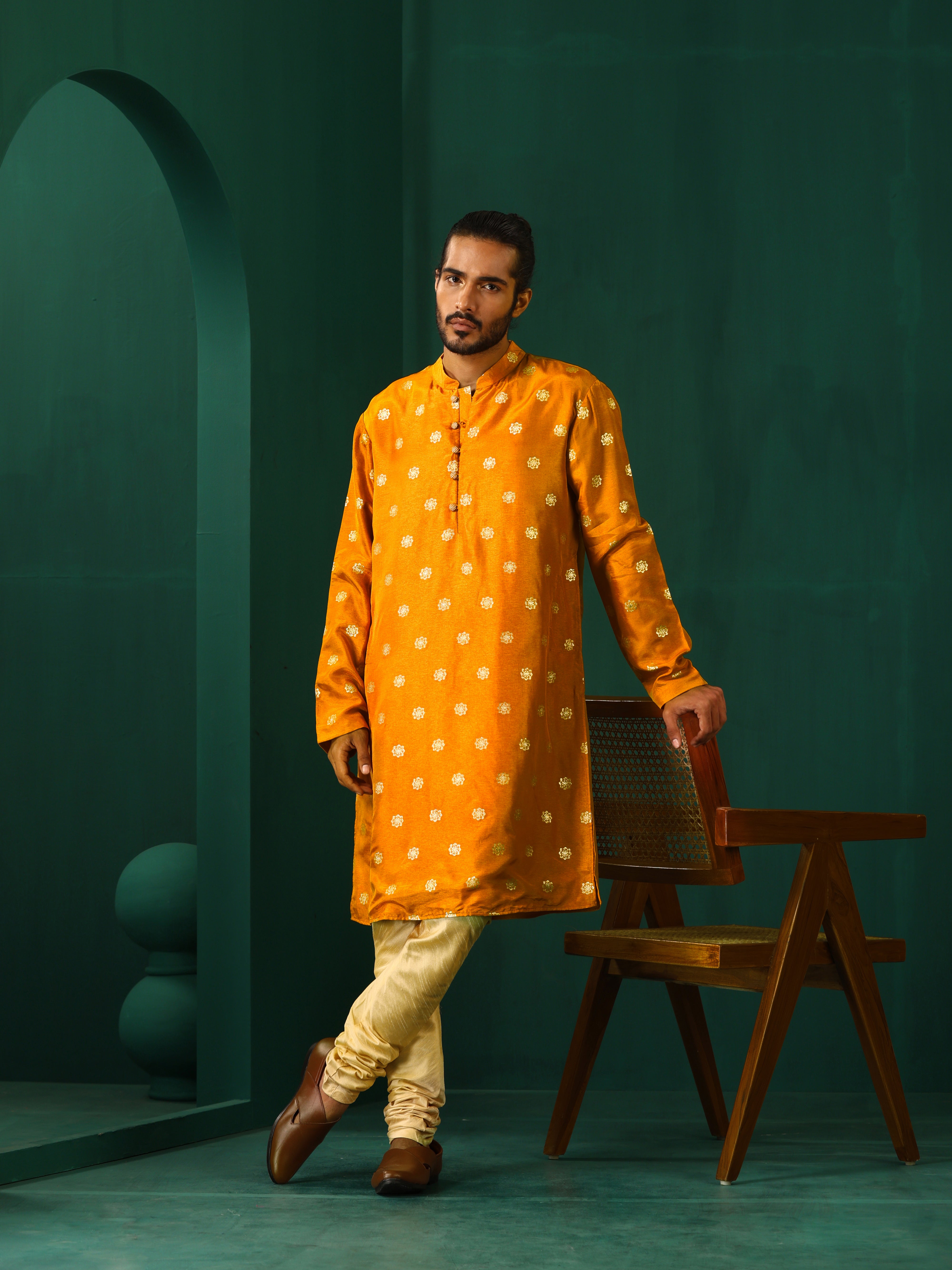 trueBrowns Men's Mustard Geometric Floral Viscose Silk Long Kurta - Distacart