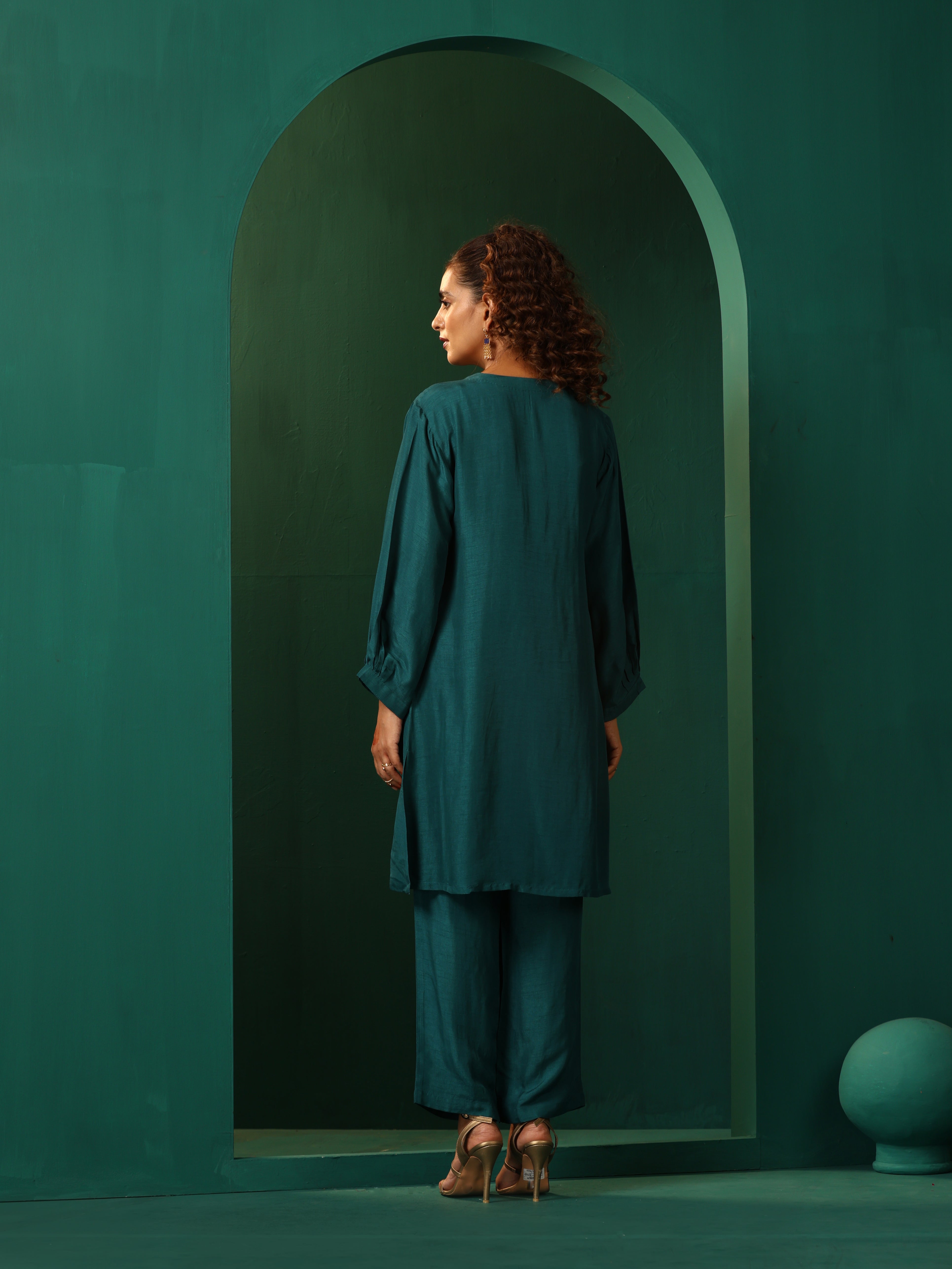 trueBrowns Teal Silk Relaxed Placket Co-ord Set - Distacart
