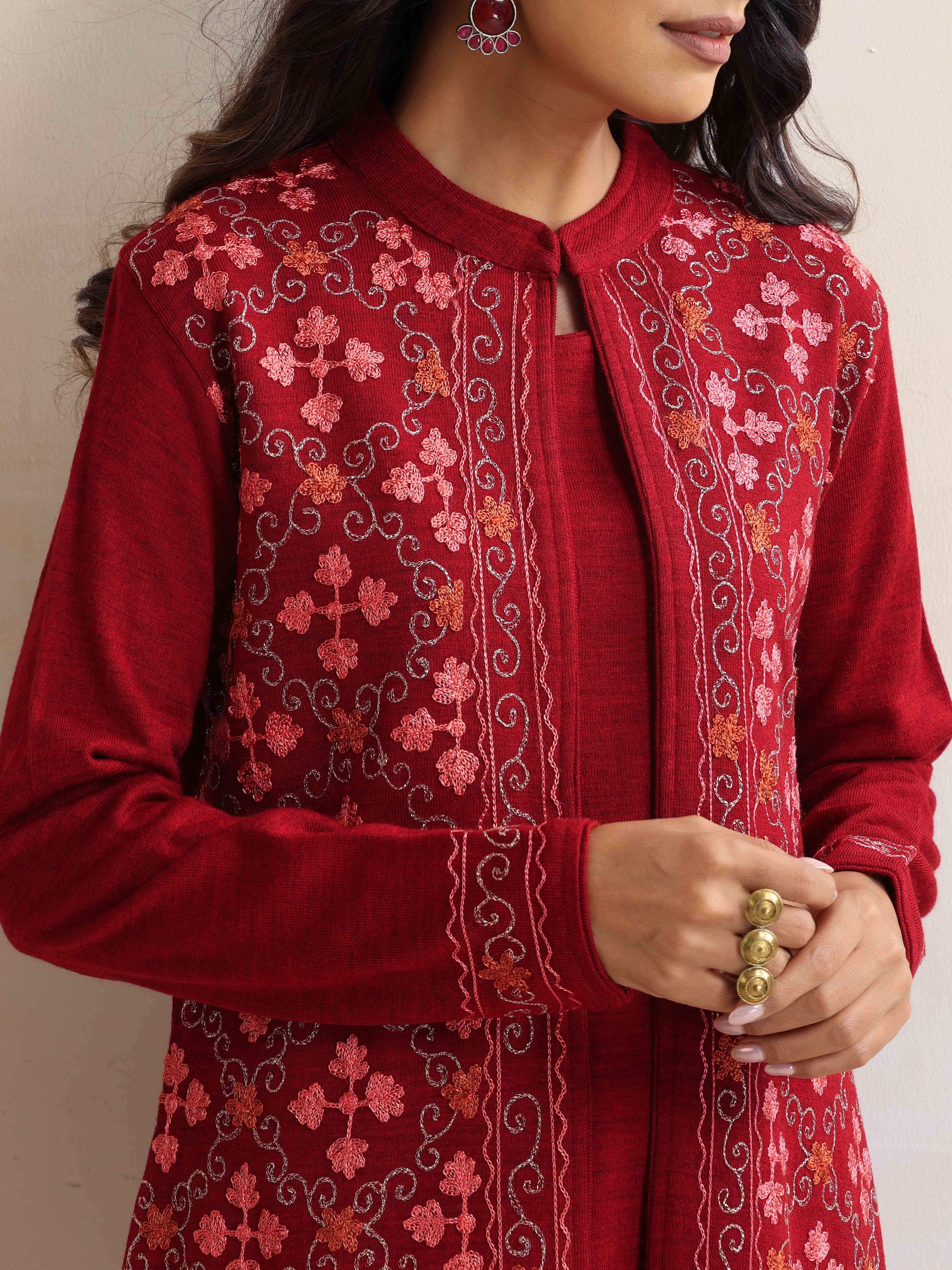 trueBrowns Maroon Kashmiri Woollen Jacket 3pc Set - Distacart