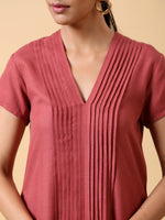 Thumbnail for trueBrowns Cotton Linen Rust Red Pleated Dress - Distacart