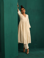 Thumbnail for trueBrowns Ivory Tonal Cotton Anarkali Kurta Pant Set - Distacart
