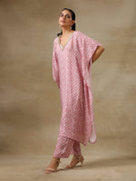 Thumbnail for trueBrowns Light Mauve Bandhani Printed Silk Kaftan Kurta Pant Set - Distacart