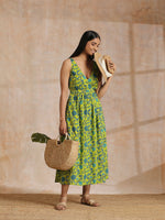 Thumbnail for trueBrowns Lime Green Overall Teal Floral Block Print Cotton Sleeveless Wrap Dress - Distacart