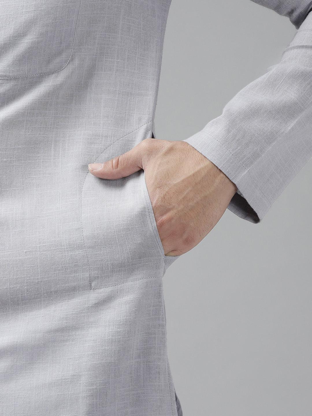 Fabmade Men Grey Cotton Linen Kurta Pyjama - Distacart