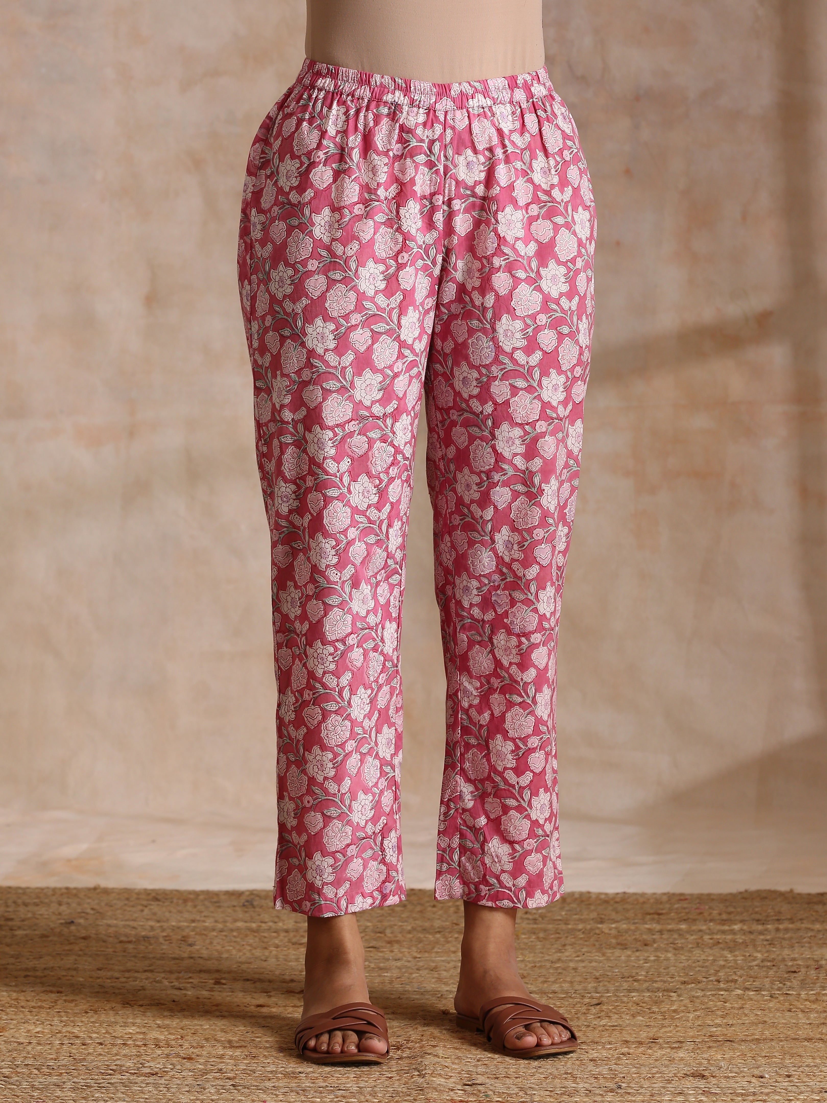 trueBrowns Pink Overall Floral Block Print Cotton Flared Kurta Pant Set - Distacart