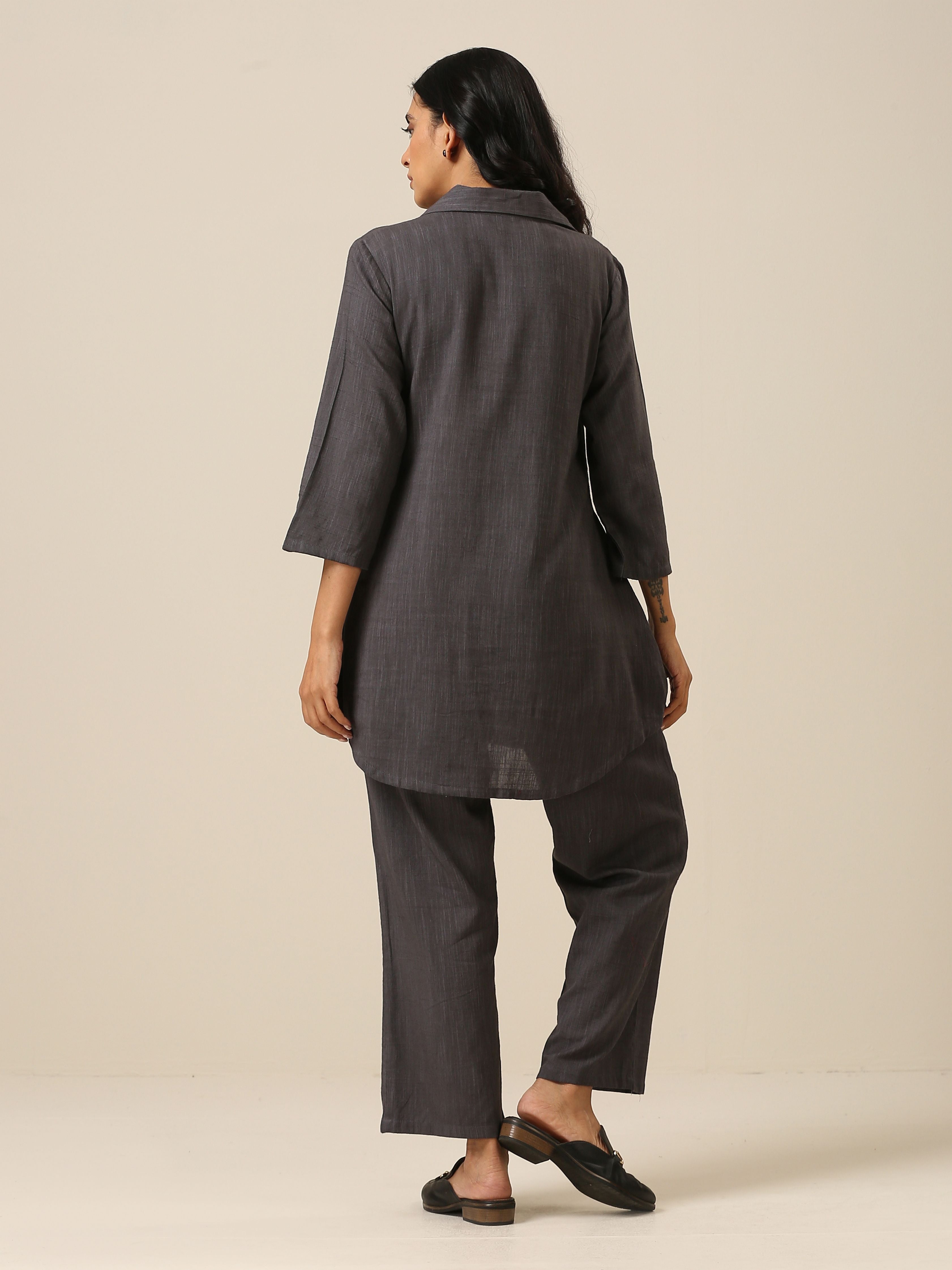 trueBrowns Slate Grey Slub Texture Collar Short Co-Ord Set - Distacart