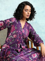 Thumbnail for trueBrowns Wine Printed Velvet Neck Pleat Kurta - Distacart