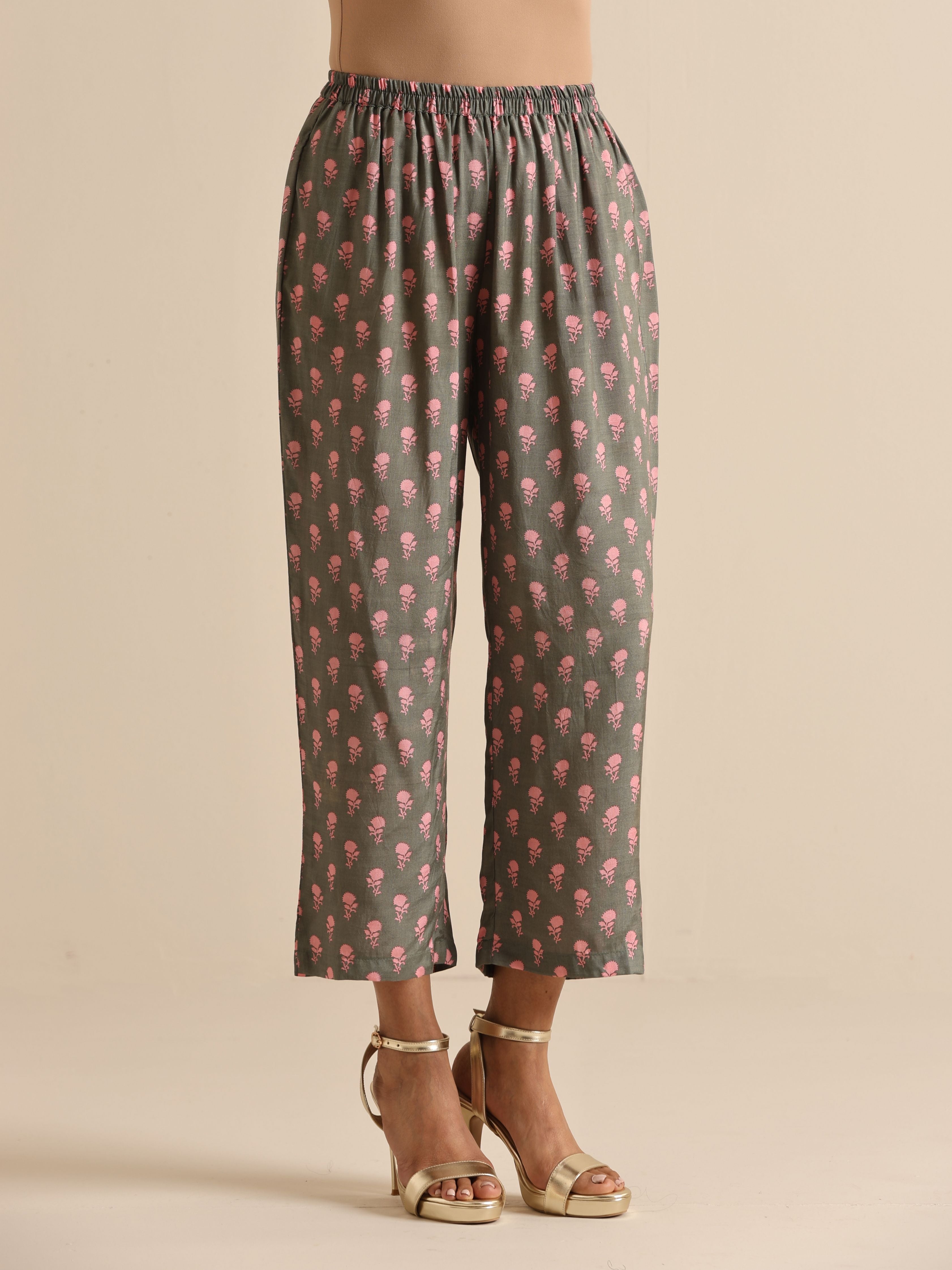 trueBrowns Grey Floral Silk Printed Co-Ord Set - Distacart