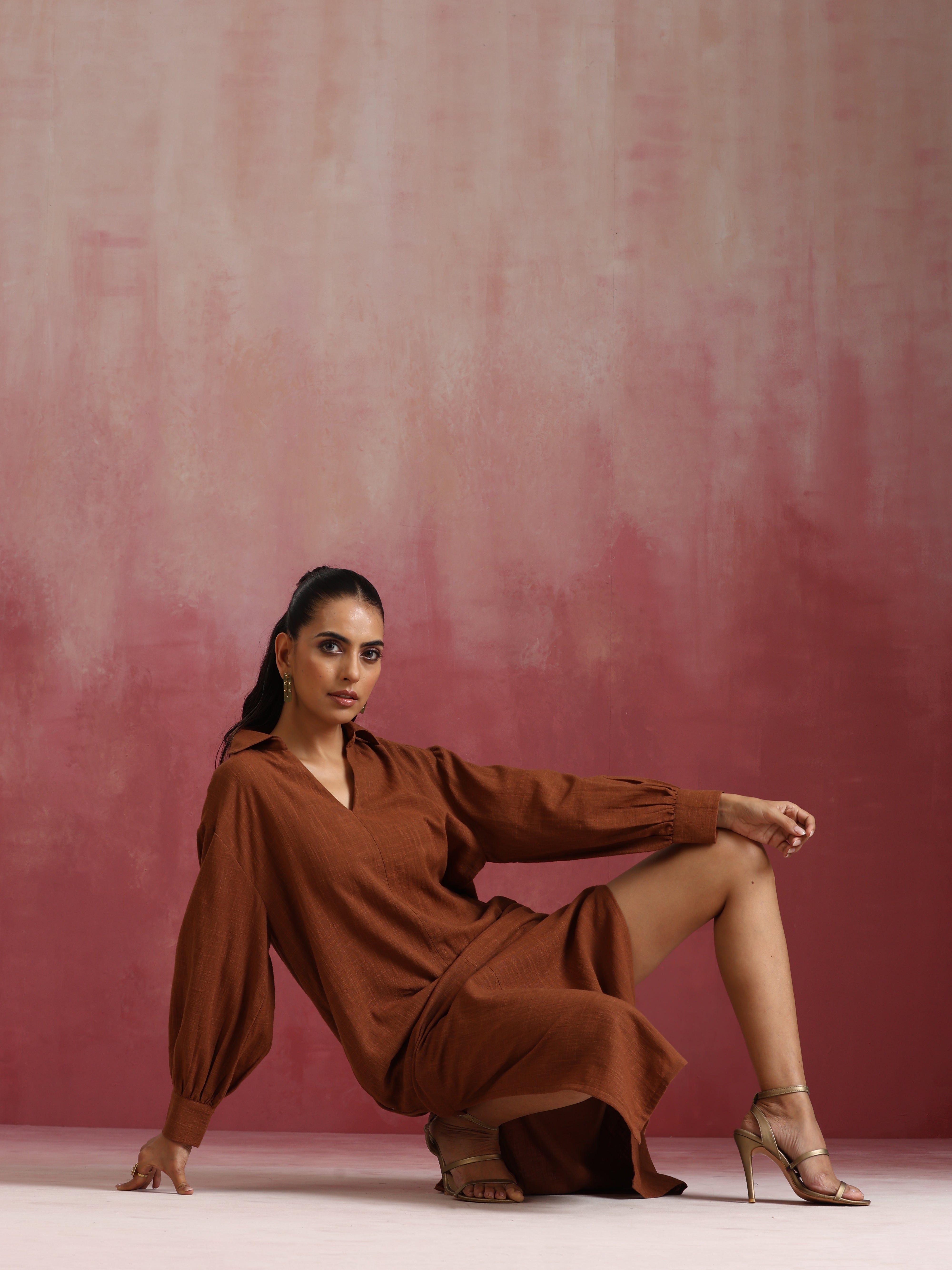 trueBrowns Brown Cotton Dobby Dress - Distacart