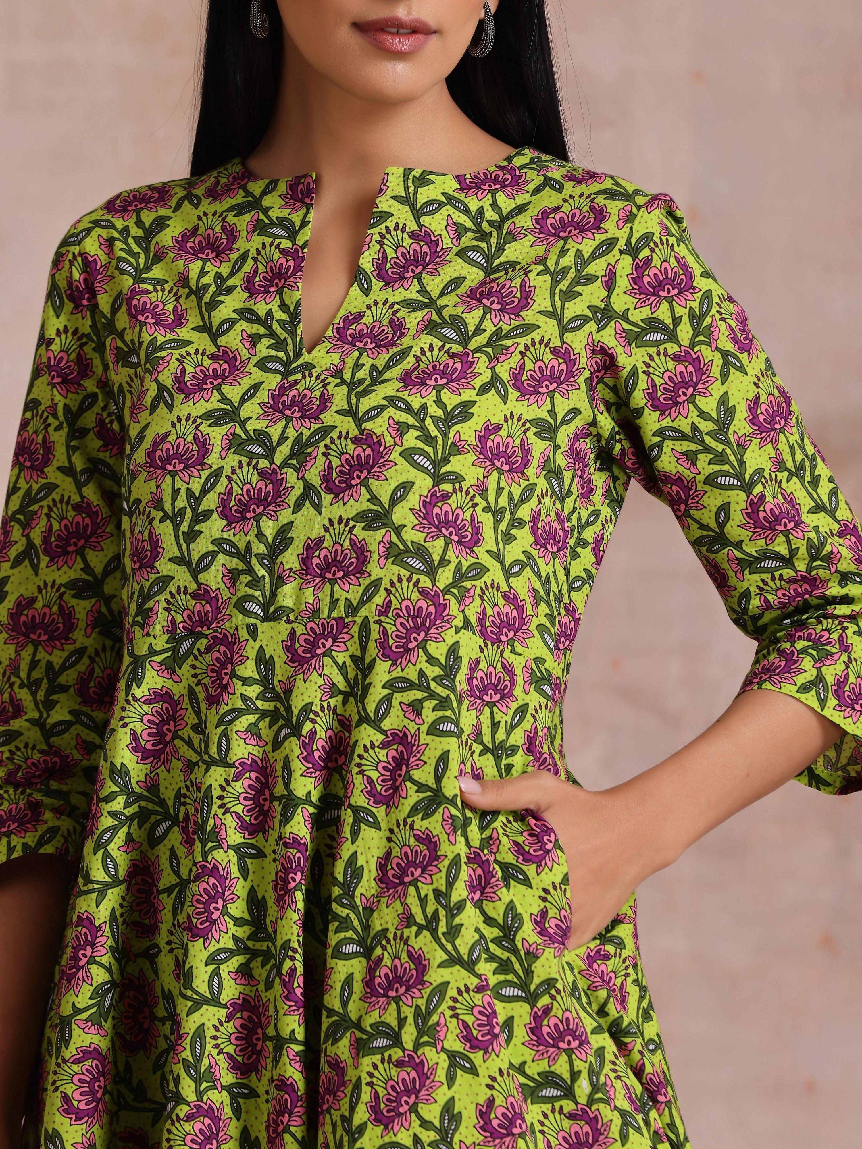 trueBrowns Lime Green Overall Pink Floral Block Print Cotton Flared Kurta Pant Set - Distacart