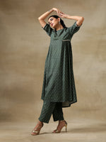 Thumbnail for trueBrowns Dark Green Bandhani Printed Silk Side Gathered Kurta Pant Set - Distacart