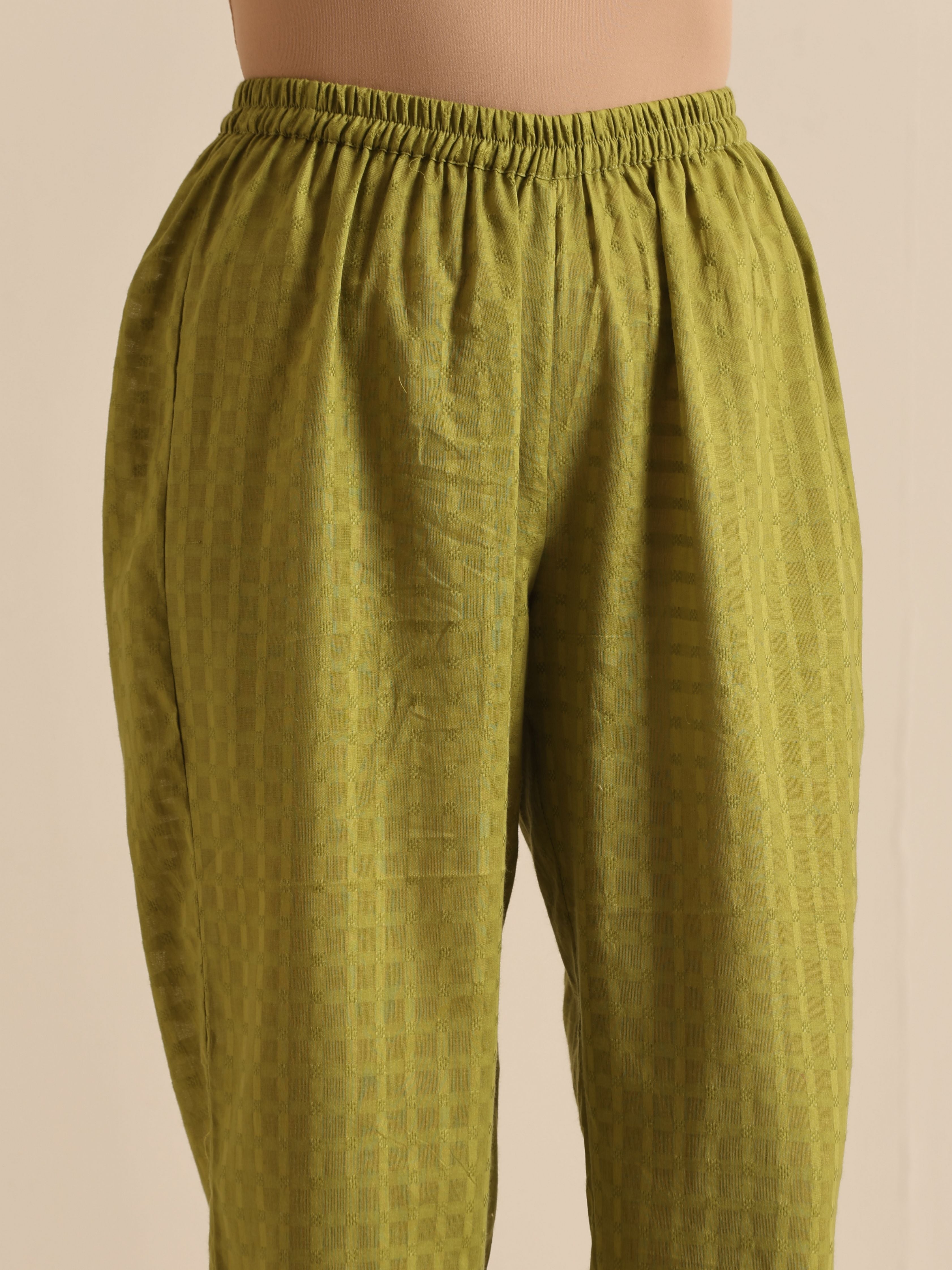 trueBrowns Fresh Green Dobby Puff Sleeve Kurta Pant Set - Distacart