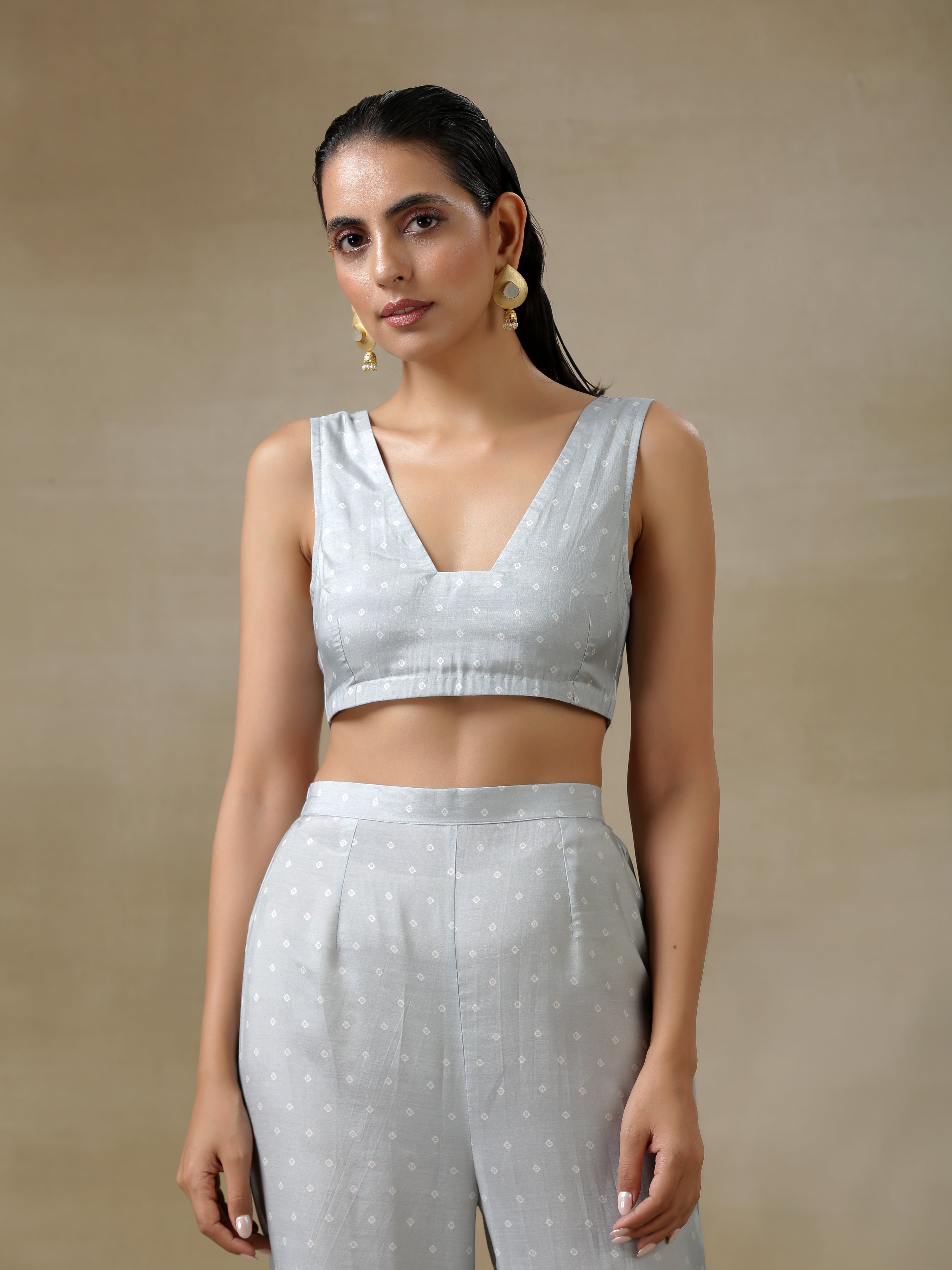 trueBrowns Grey Bandhani Printed Silk Overlay Jacket Blouse Pant Set - Distacart