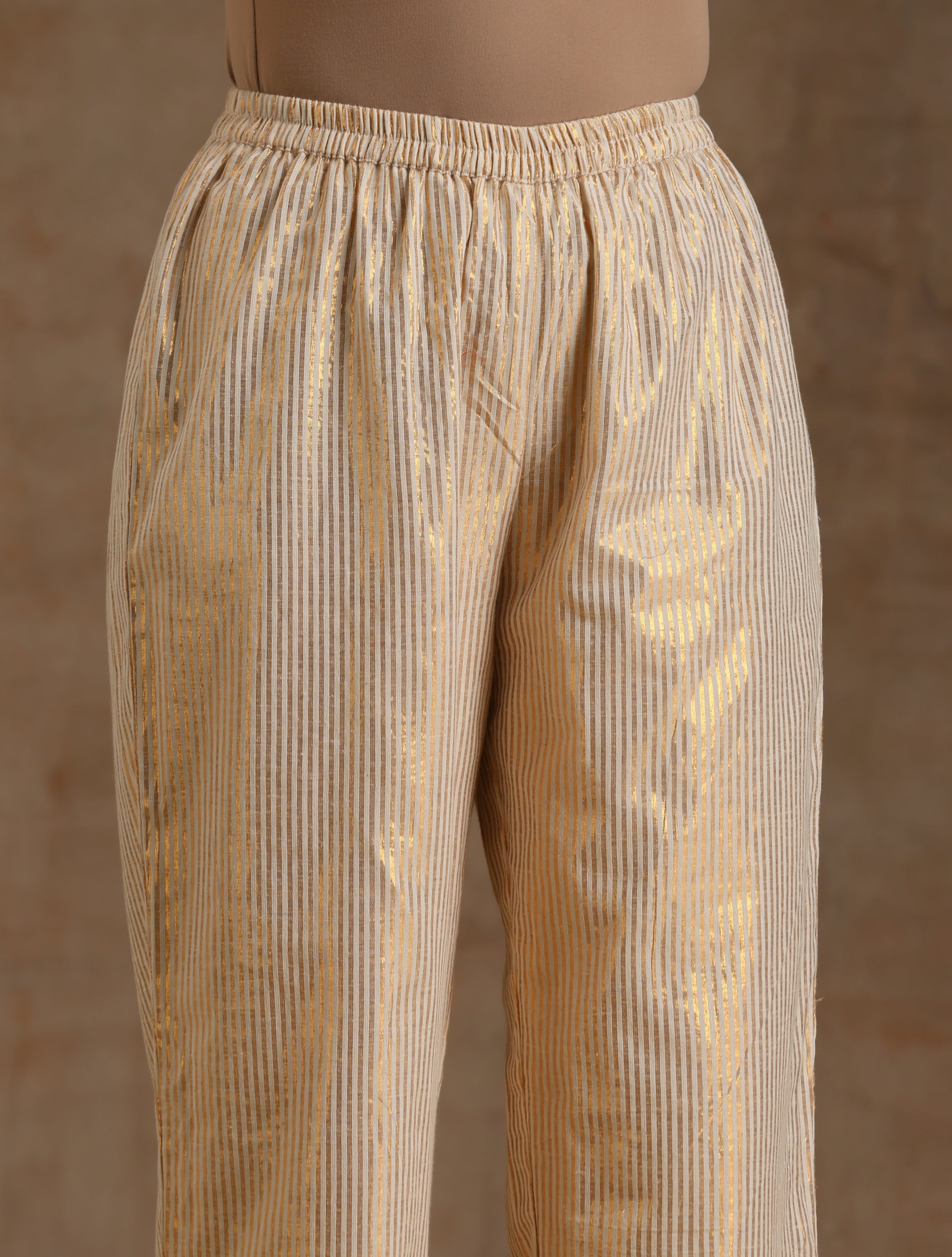 trueBrowns Ivory Gold Cotton Neck Pleat Kurta Set - Distacart