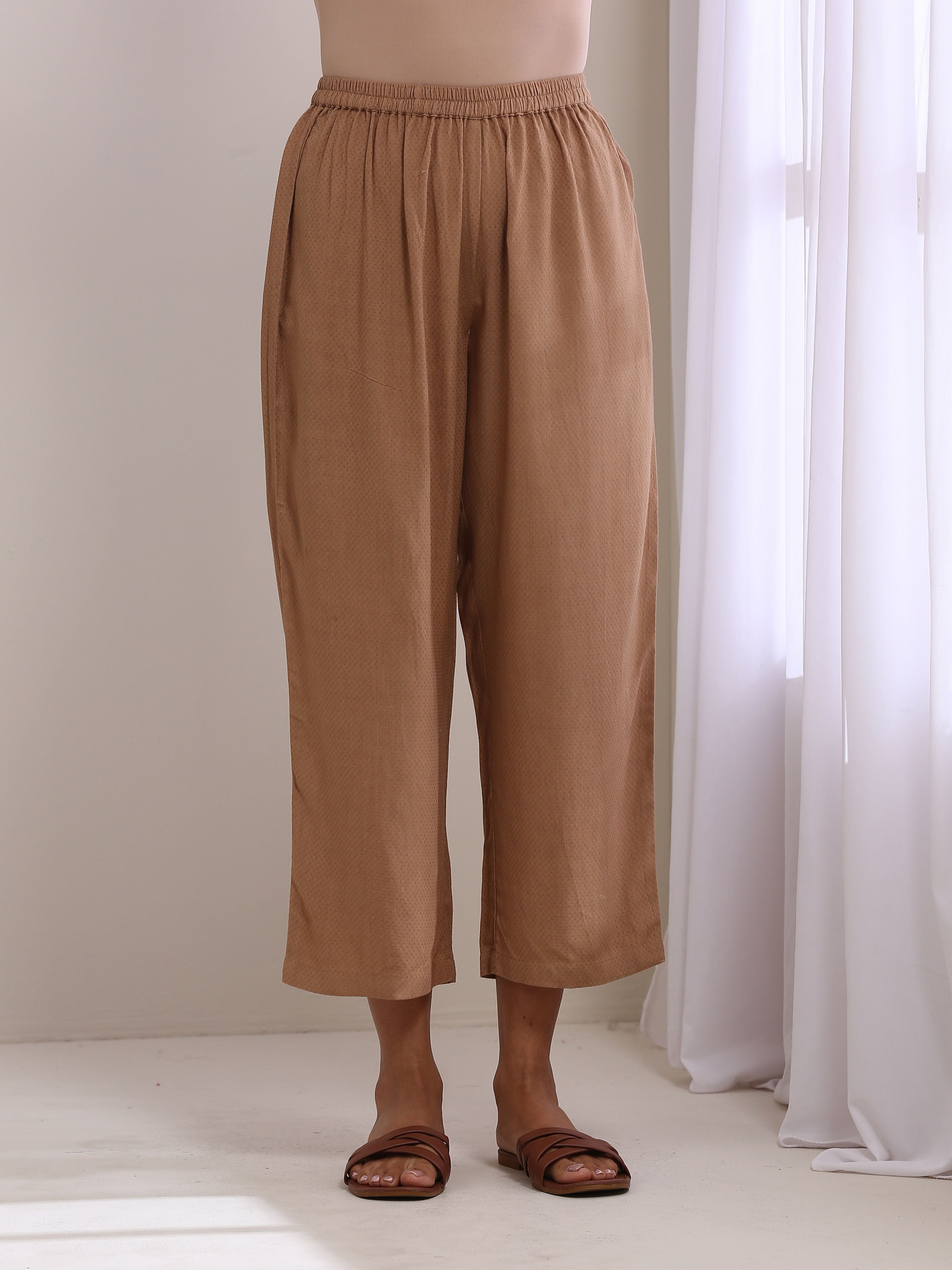 trueBrowns Beige Dobby Gathered Kurta Pant Set - Distacart