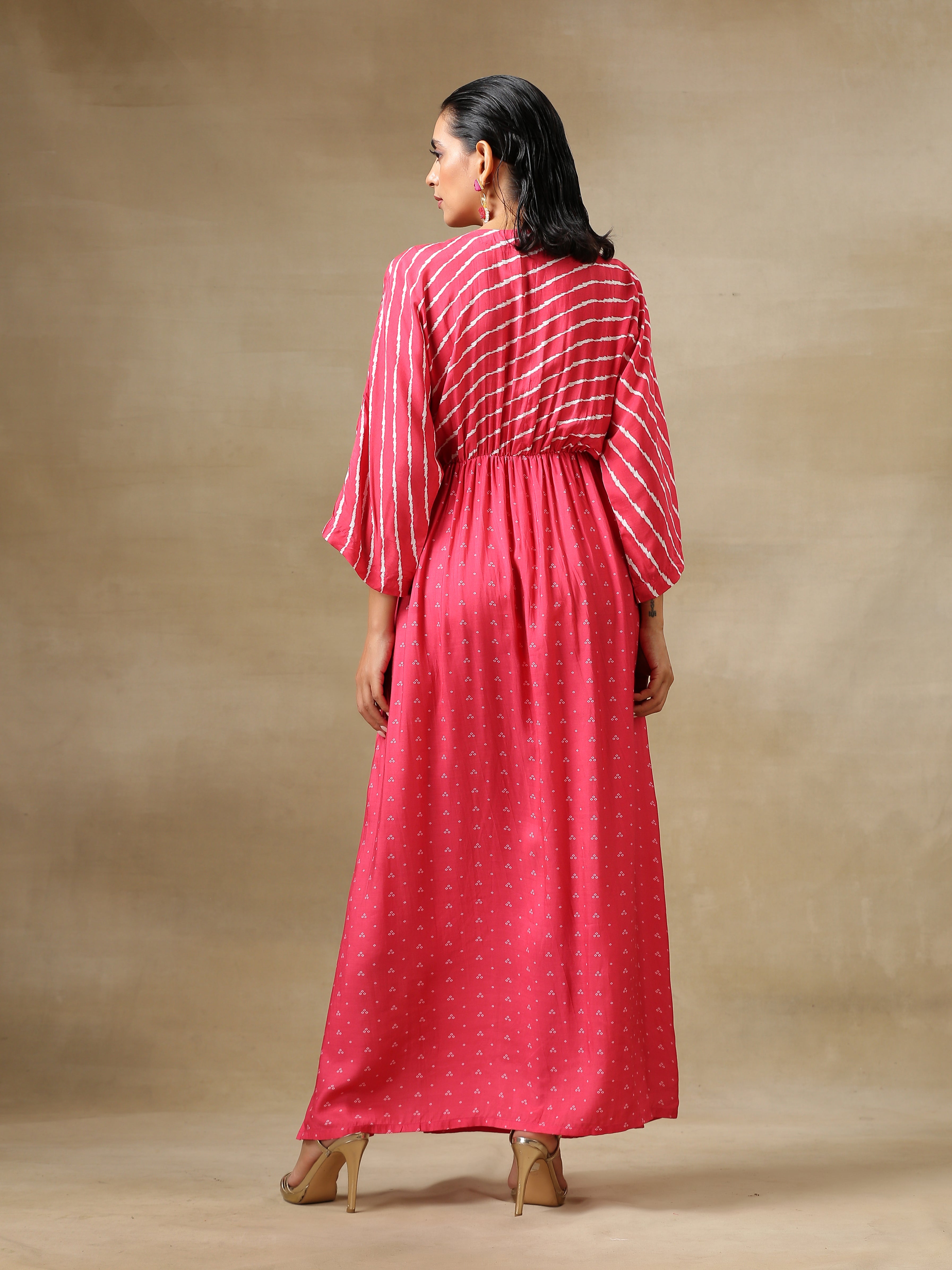 trueBrowns Pink Bandhani Printed Silk Drop Shoulder Dress - Distacart