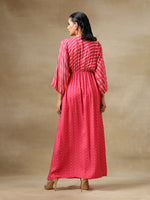 Thumbnail for trueBrowns Pink Bandhani Printed Silk Drop Shoulder Dress - Distacart