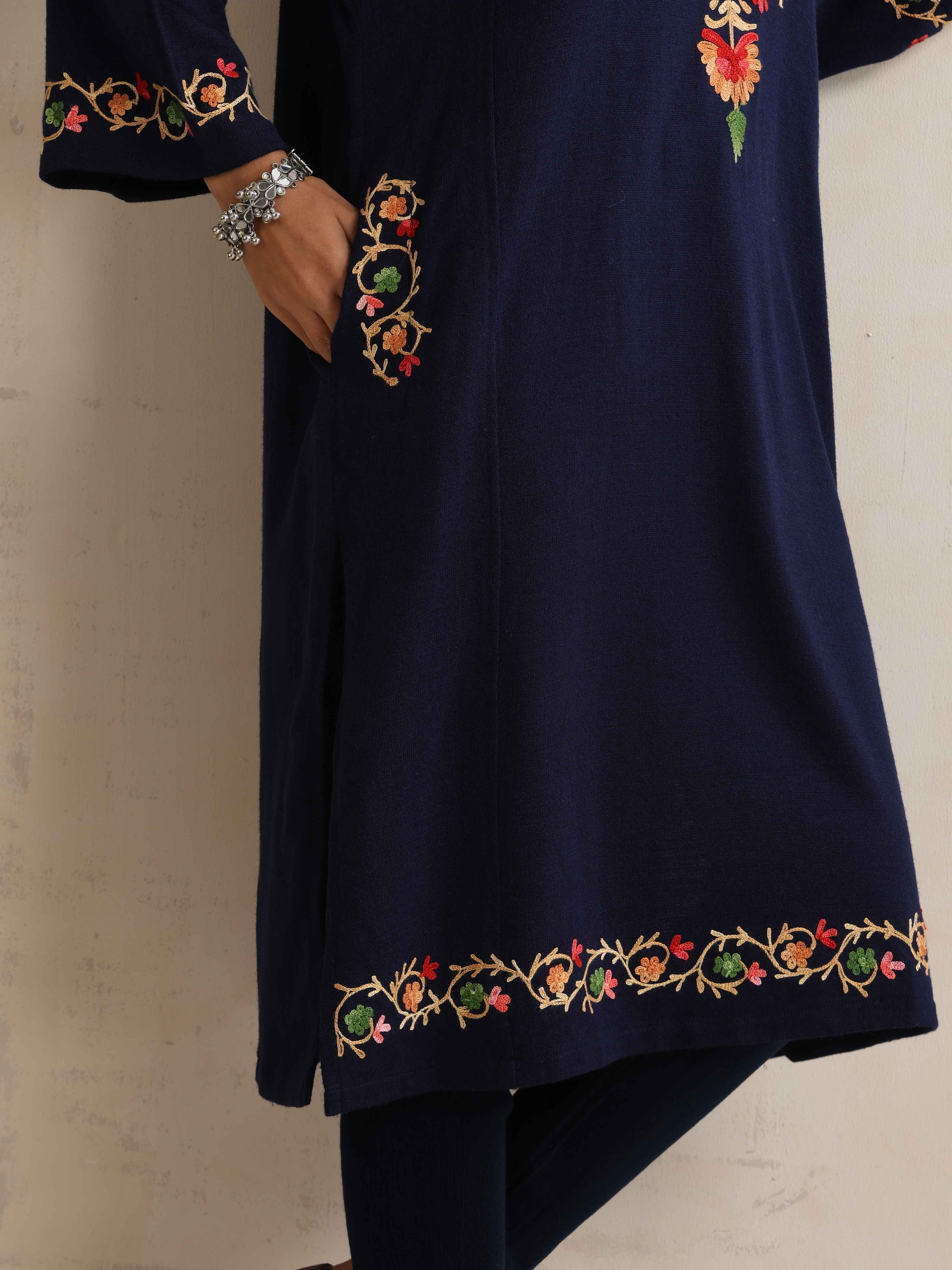 trueBrowns Blue Floral Embroidered Woollen Phiran Kurta - Distacart