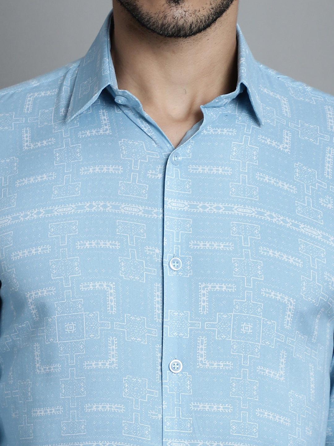 Jainish Men's Geomatric Printed Formal Shirts - Sky Blue - Distacart